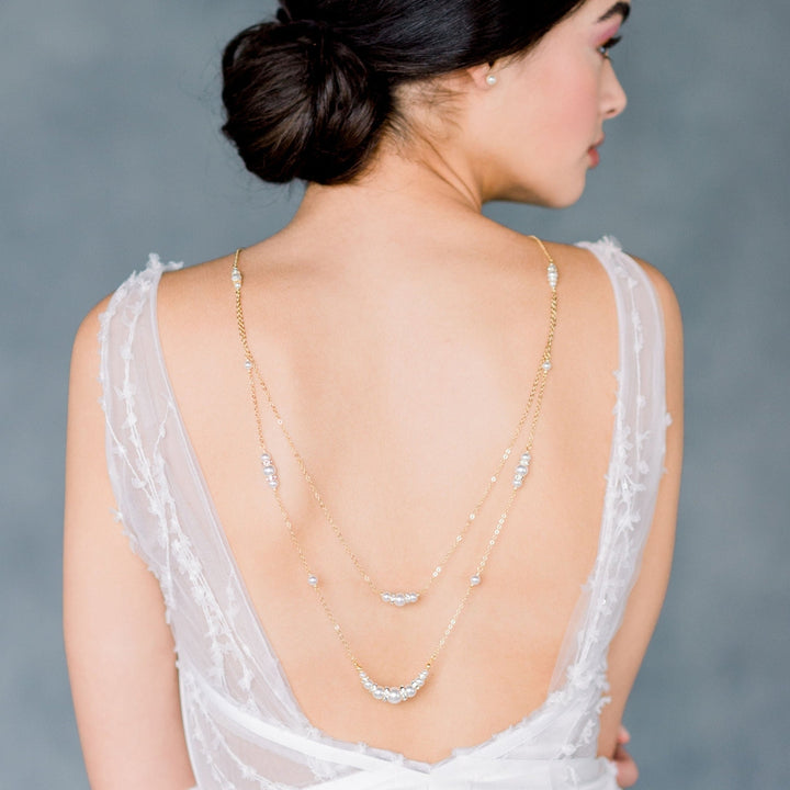 large pearl bridal back necklace with crystals for weddings. large pearl bridal headband for modern brides. made in toronto canada by Blair nadeau bridal adornments
