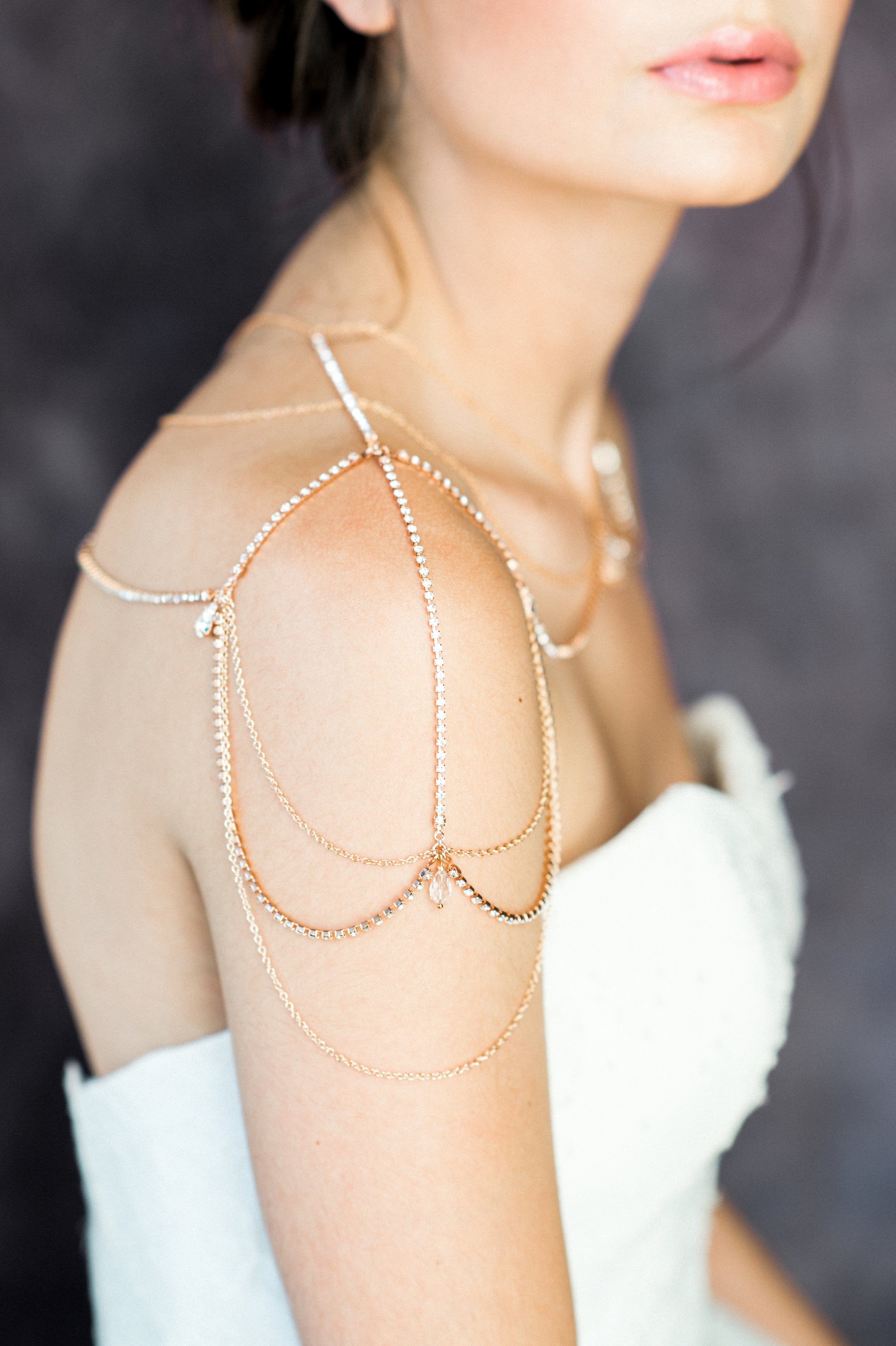 Rose Gold Teardrop Bridal Shoulder Necklace - Handmade in Toronto Canada - Blair Nadeau Bridal Adornments - Whitney Heard Photography