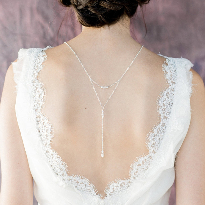 dainty draped rose gold Crystal Y Drop Bridal Necklace for low back wedding dresses. made in toronto canada by Blair nadeau bridal adornments