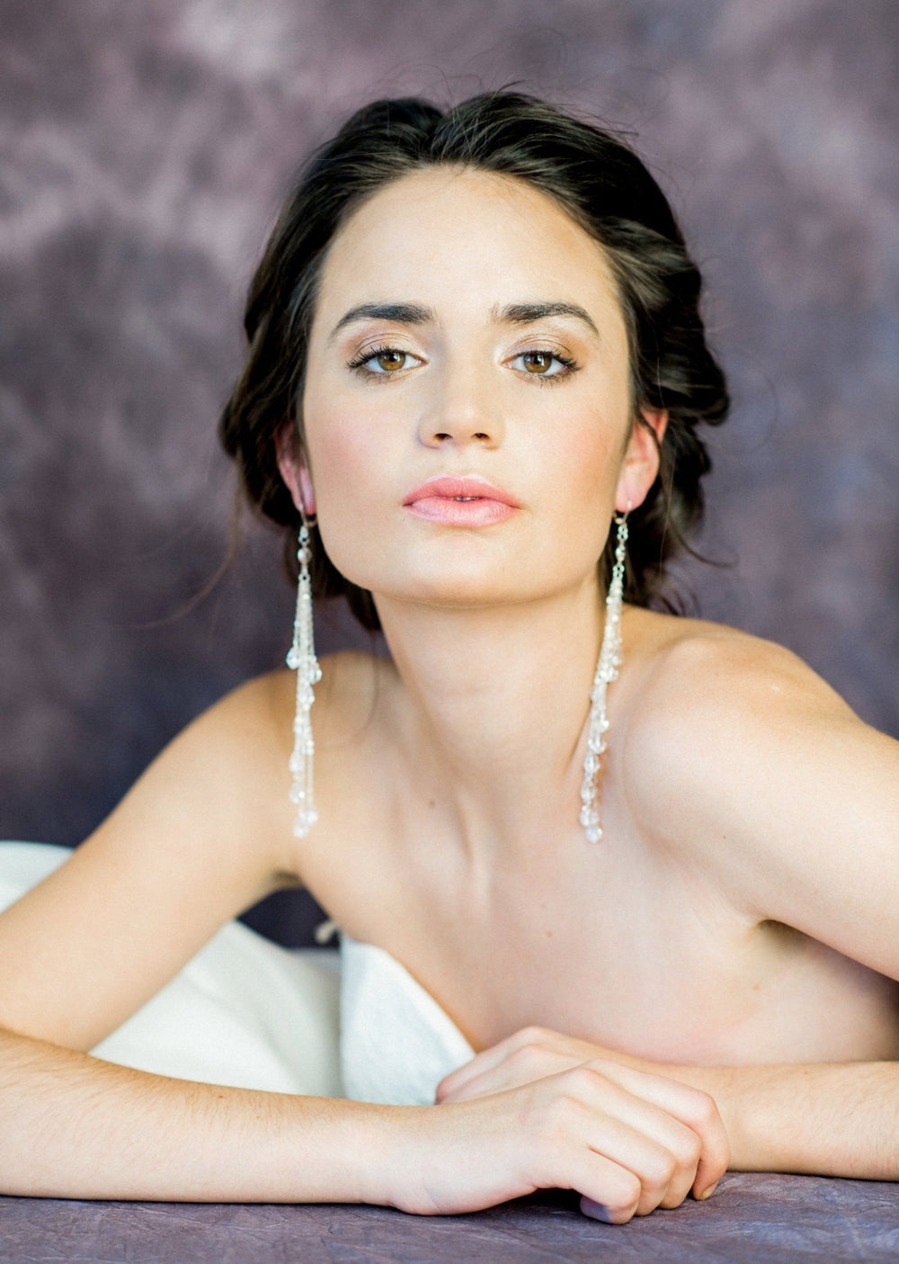 shoulder grazing rose gold crystal bridal earrings for weddings