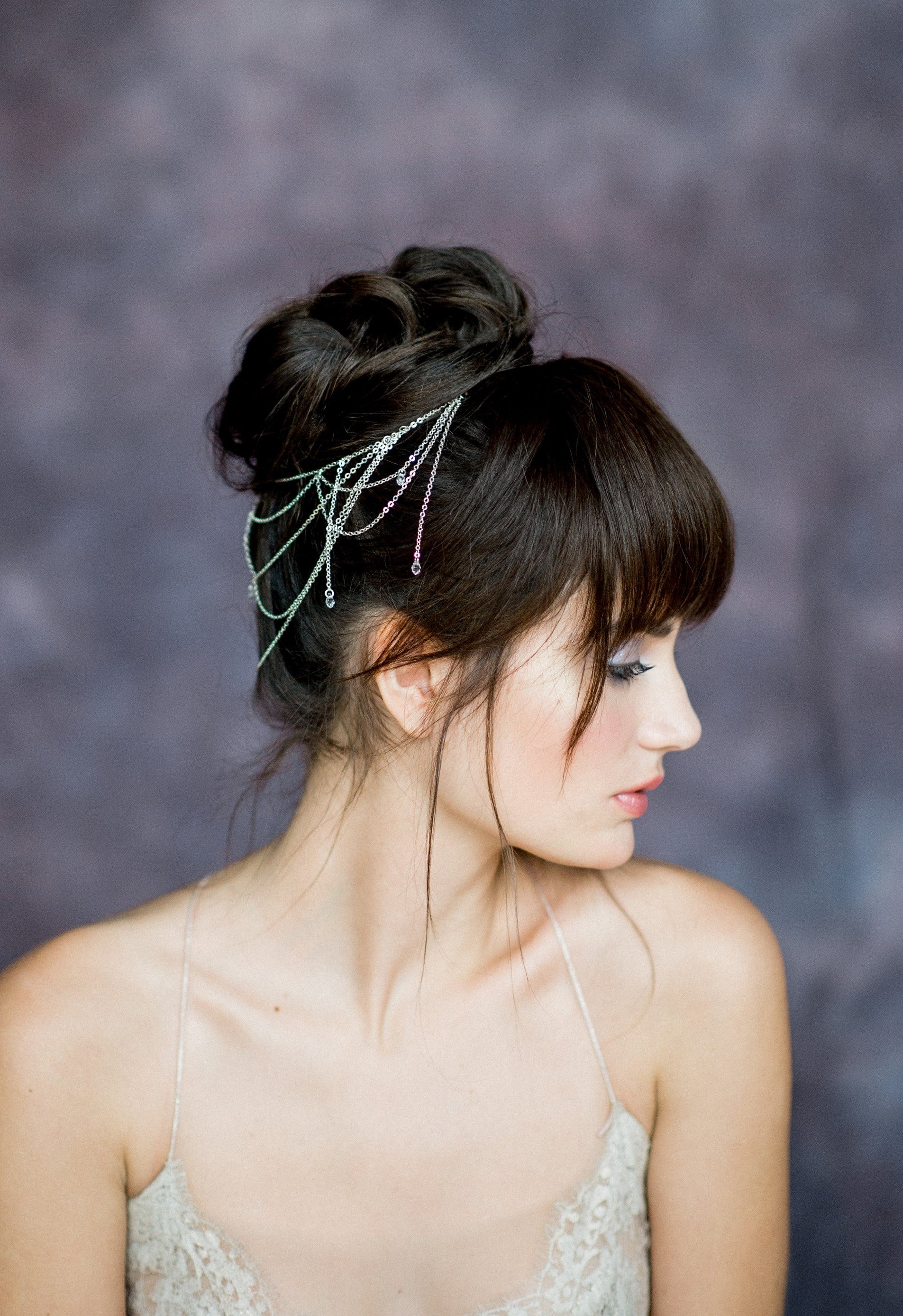 Draped bridal hair chain with crystal teardrops, handmade in toronto ontario canada by blair nadeau bridal adornments