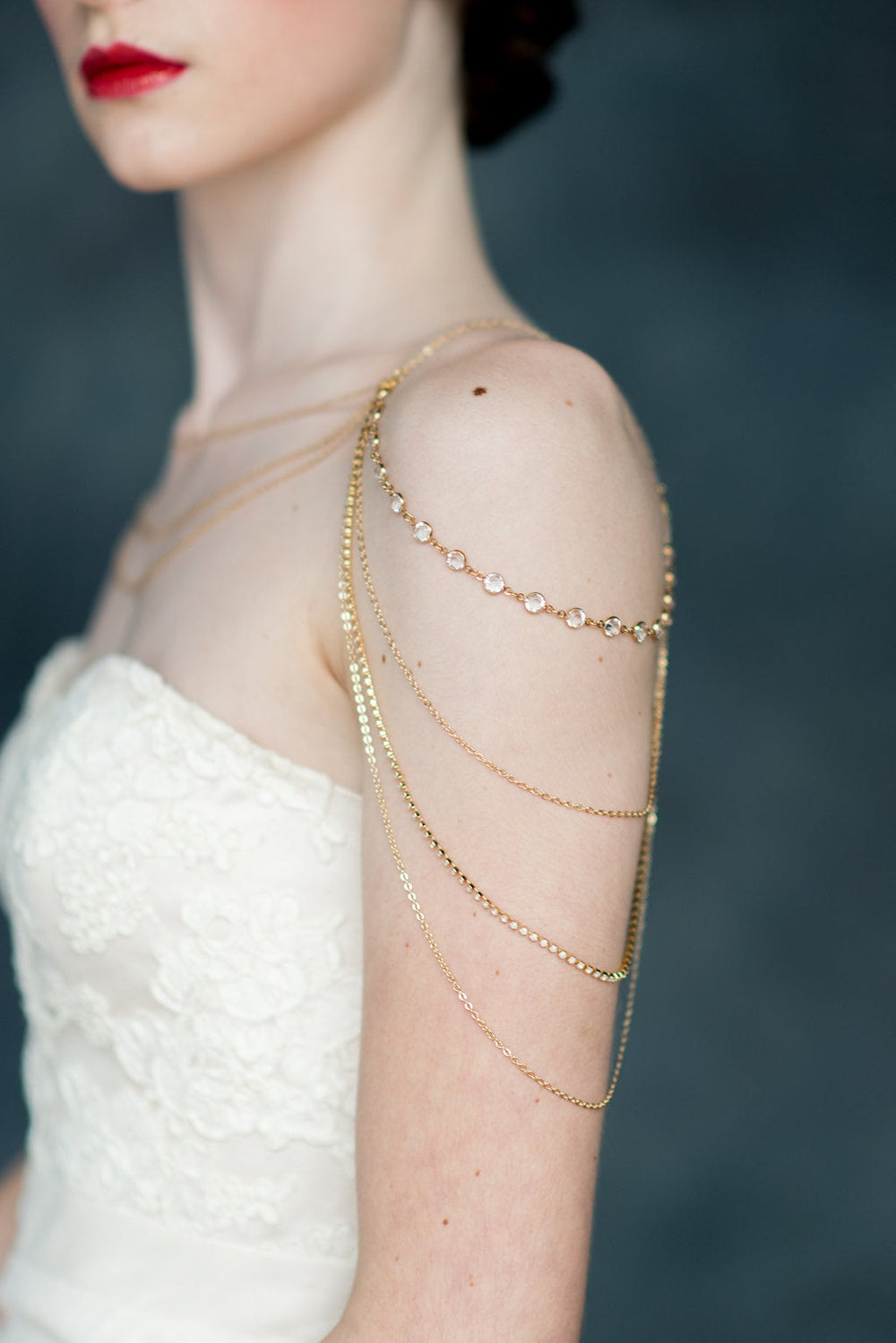 rhinestone and crystal chain shoulder necklace with draped sleeves, front and back. available in silver, gold and rose gold finishes - handmade in toronto ontario canada by blair nadeau bridal adonrments