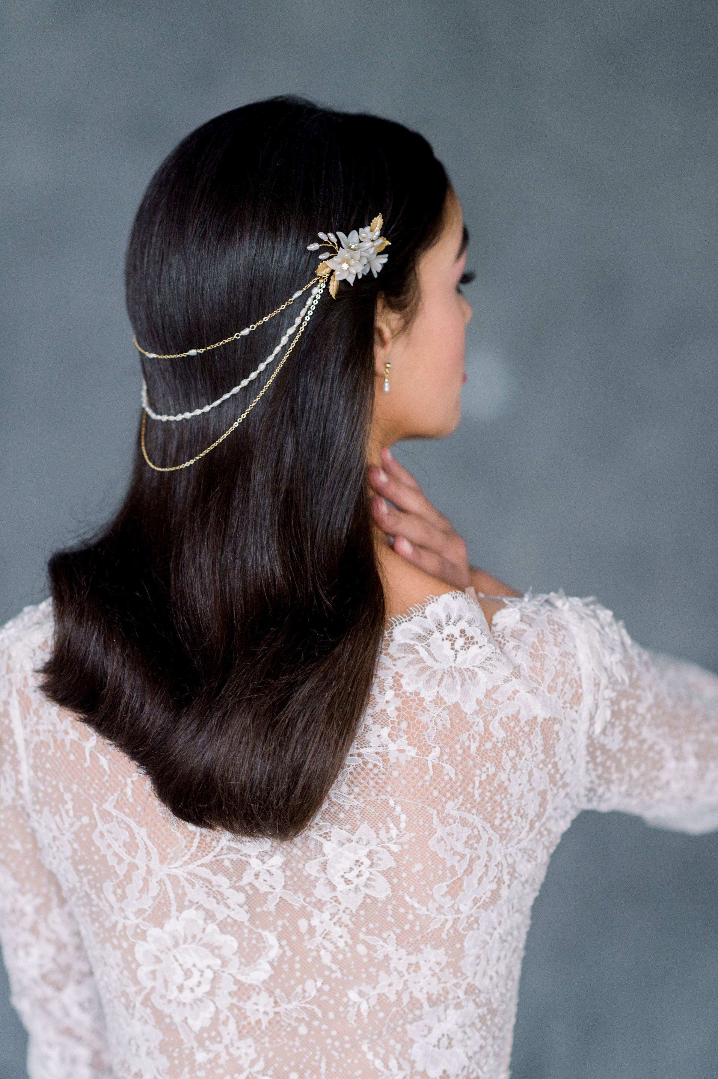 Vintage Freshwater Pearl Boho Bridal Hair Chain - Handmade in Toronto Ontario Canada - available in brass, silver, gold and rose gold- Blair Nadeau Bridal - 