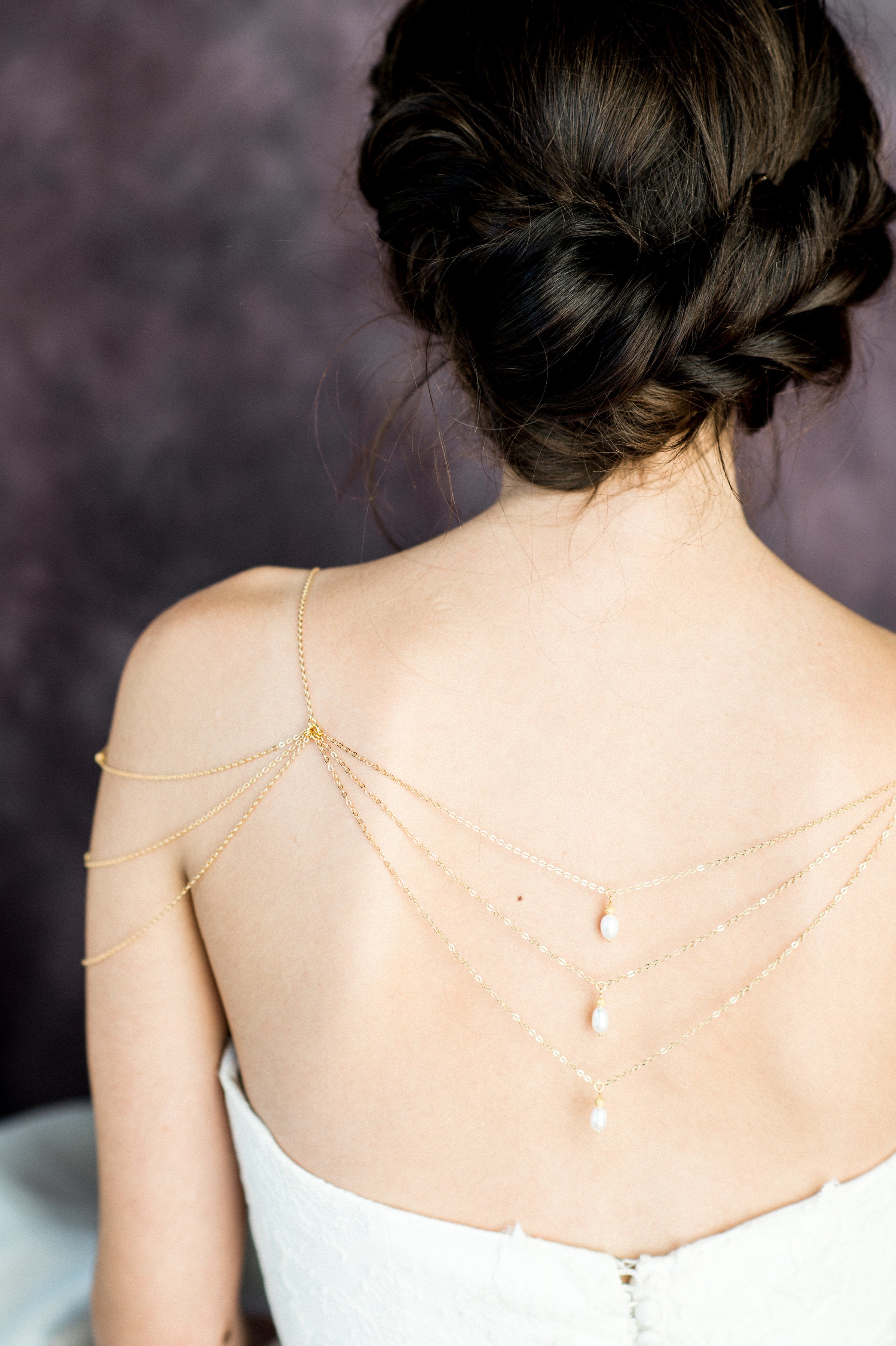 Gold Pearl Delicate Draped Shoulder Necklace - Handmade in Toronto Canada - Blair Nadeau Bridal Adornments - Whitney Heard Photography