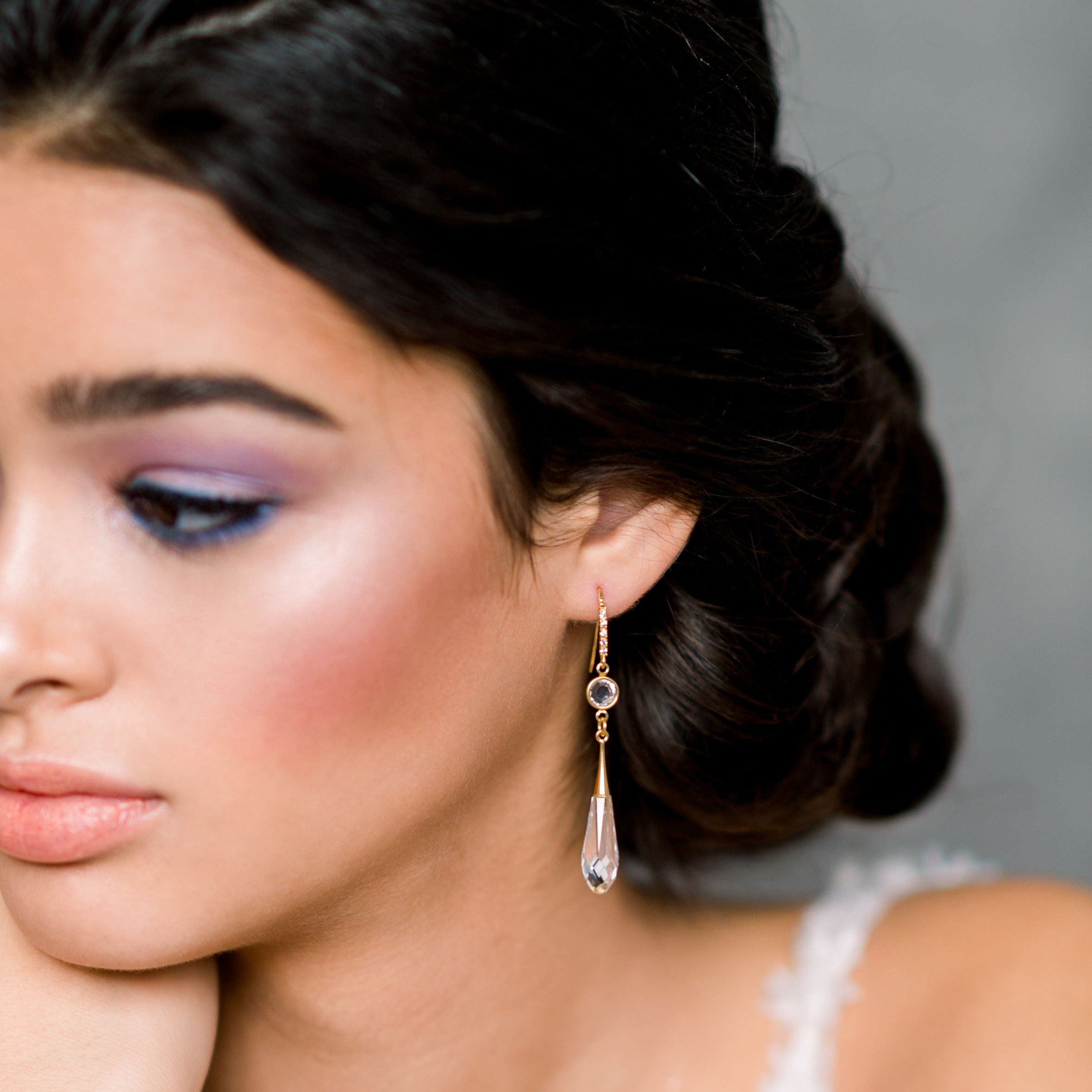 Rose Gold Clear Crystal Drop Earrings - Made in Toronto Ontario Canada, Blair Nadeau Bridal, Whitney Heard Photography