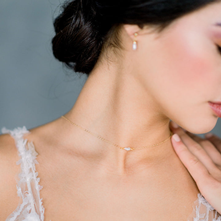 simple single vintage biwa freshwater pearl bridal necklace for modern bride - available in silver, gold and rose gold finishes - handmade in toronto ontario canada by blair nadeau bridal adornments