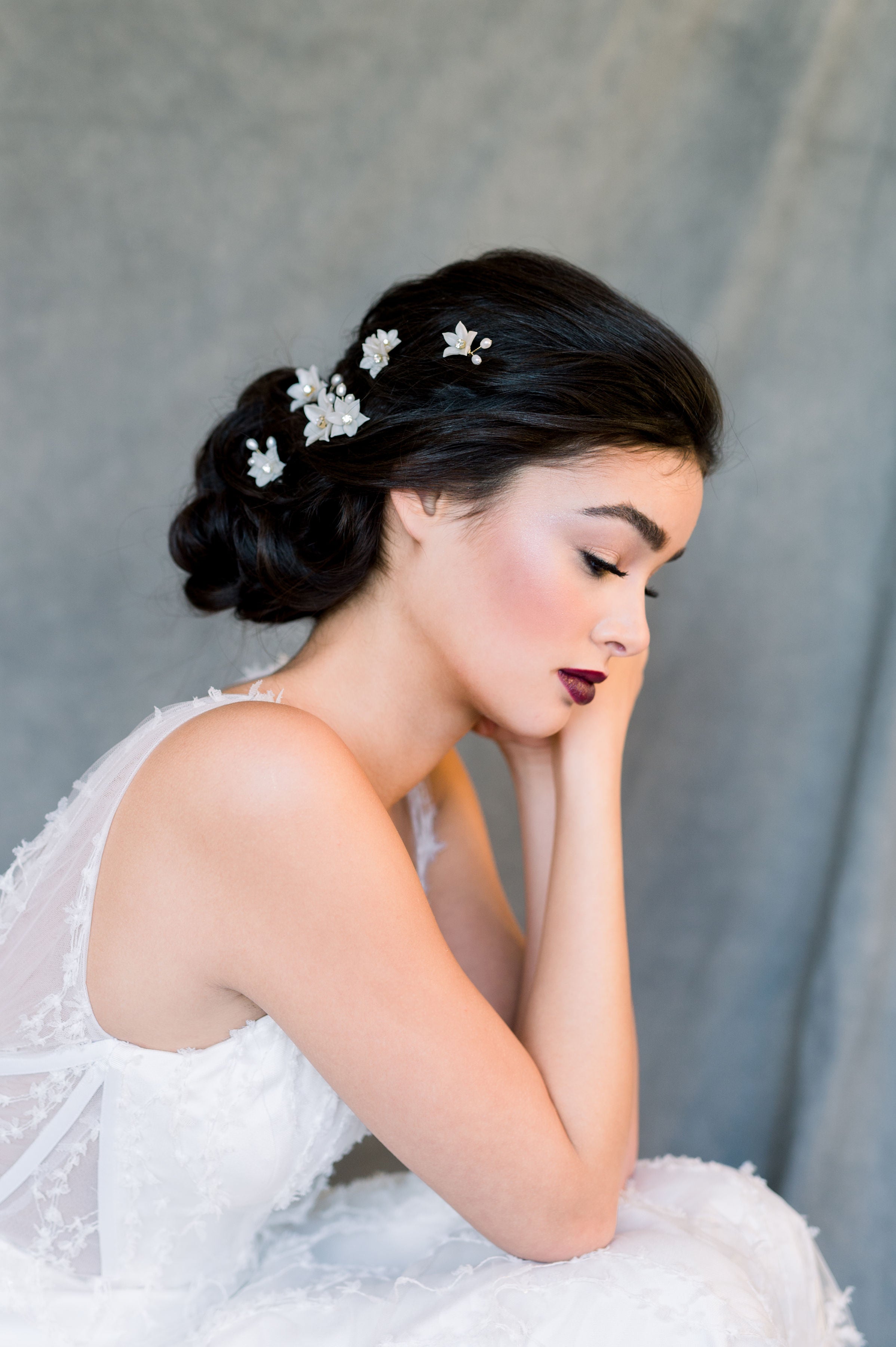 Boho Minimalist bridal hair pins for updo with clay flowers, freshwater pearls and crystals - made in toronto ontario canada - blair nadeau bridal 