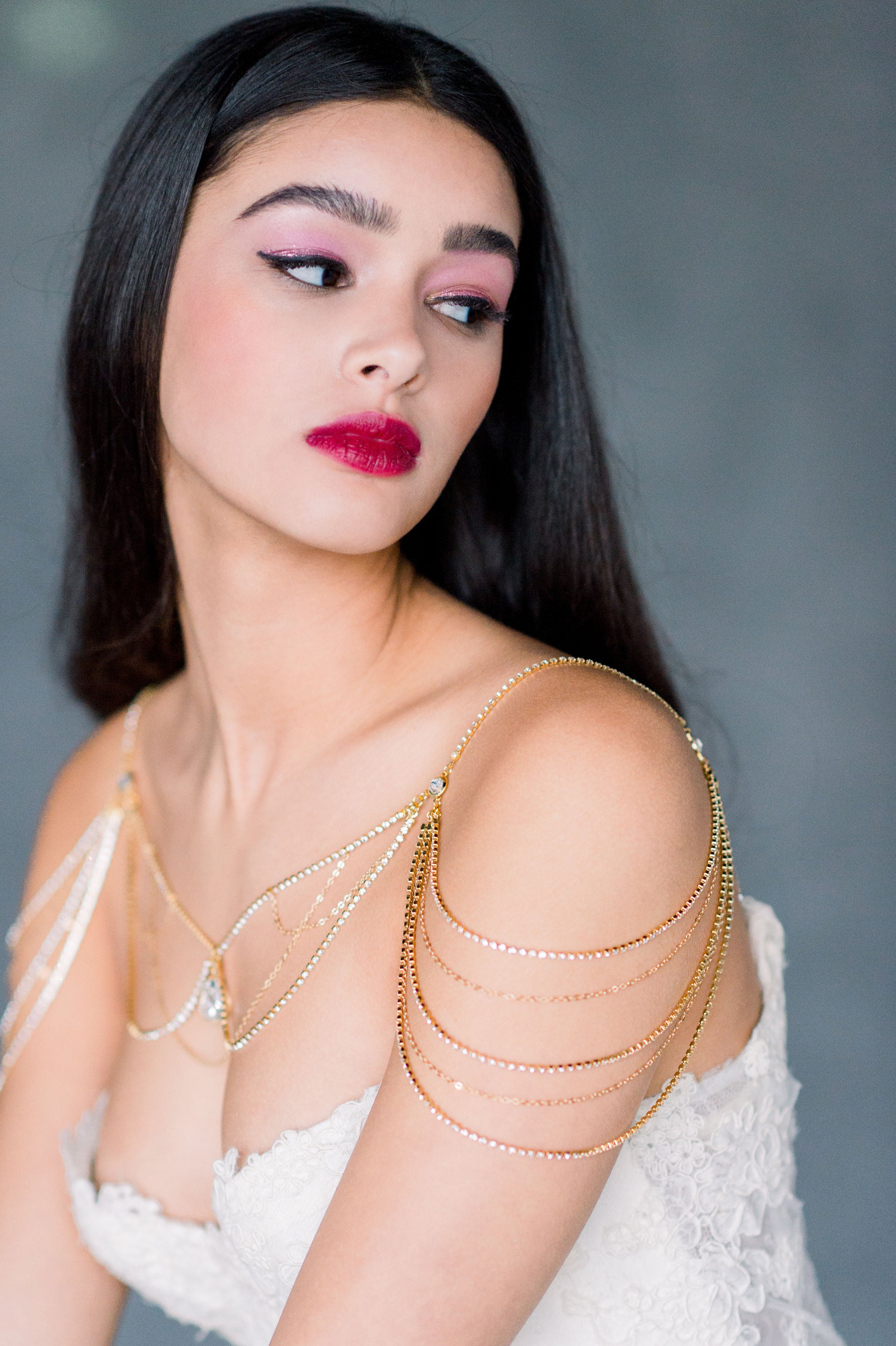 crystal draped shoulder necklace body jewelry for strapless wedding dress - available in silver, gold and rose gold - handmade in toronto ontario canada by Blair Nadeau Bridal Adornments