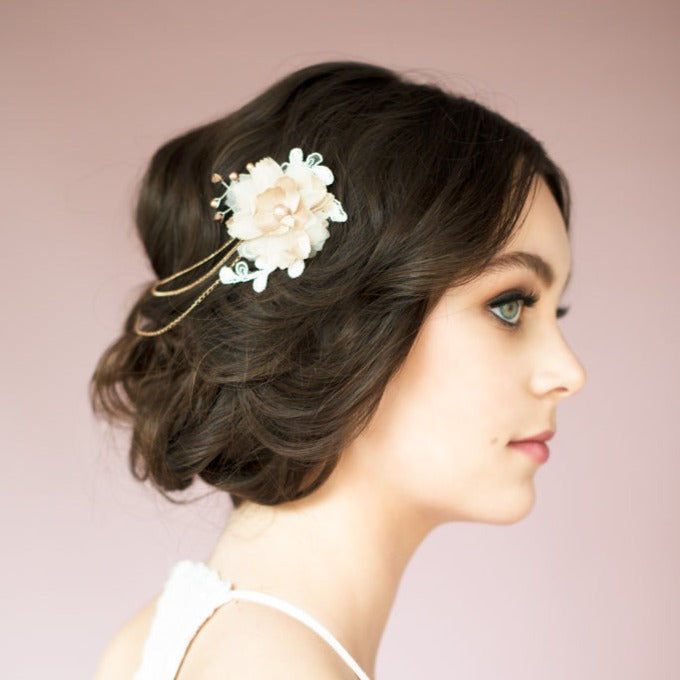 rose gold bridal hair chain with silk flowers, lace and crystals. made by hand in toronto canada by blair nadeau