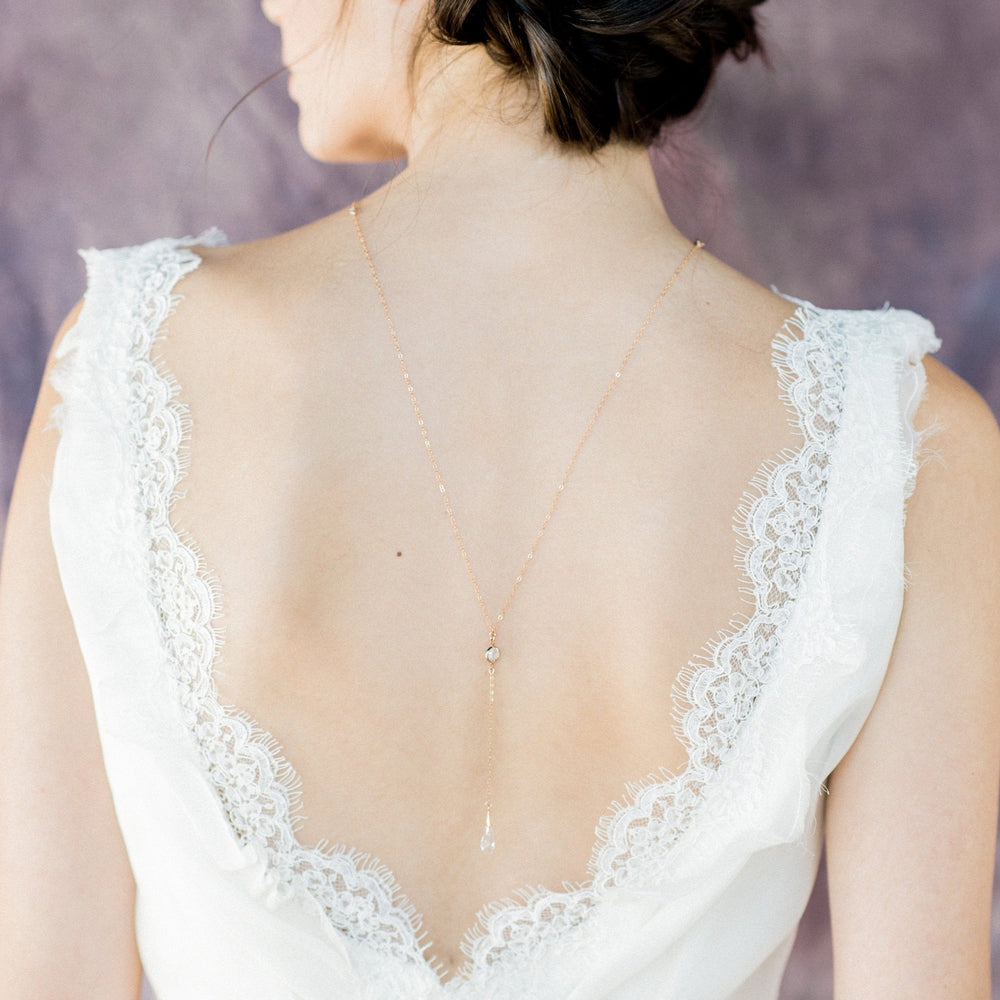 Crystal Teardrop Back Necklace for toronto bride. large pearl bridal headband for modern brides. made in toronto canada by Blair nadeau bridal adornments