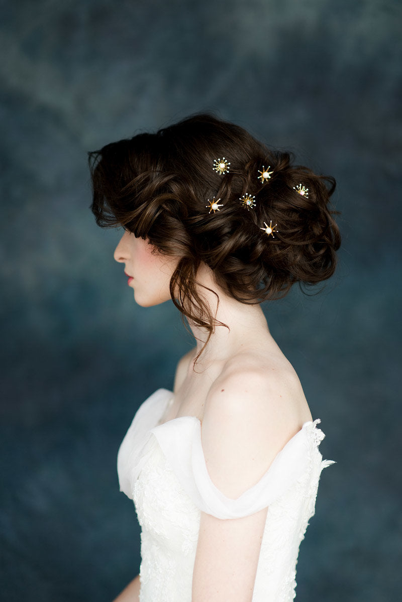 celestial hair pins for bridal updo with stars & and crystals and available in silver, gold, rose gold with white, ivory, blush, iridescent pearls and clear, white opal or aurora borealis crystals