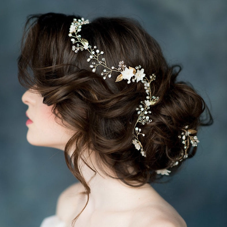 extra long gold clay flower hair vine with pearls and crystals handmade in toronto canada by blair nadeau