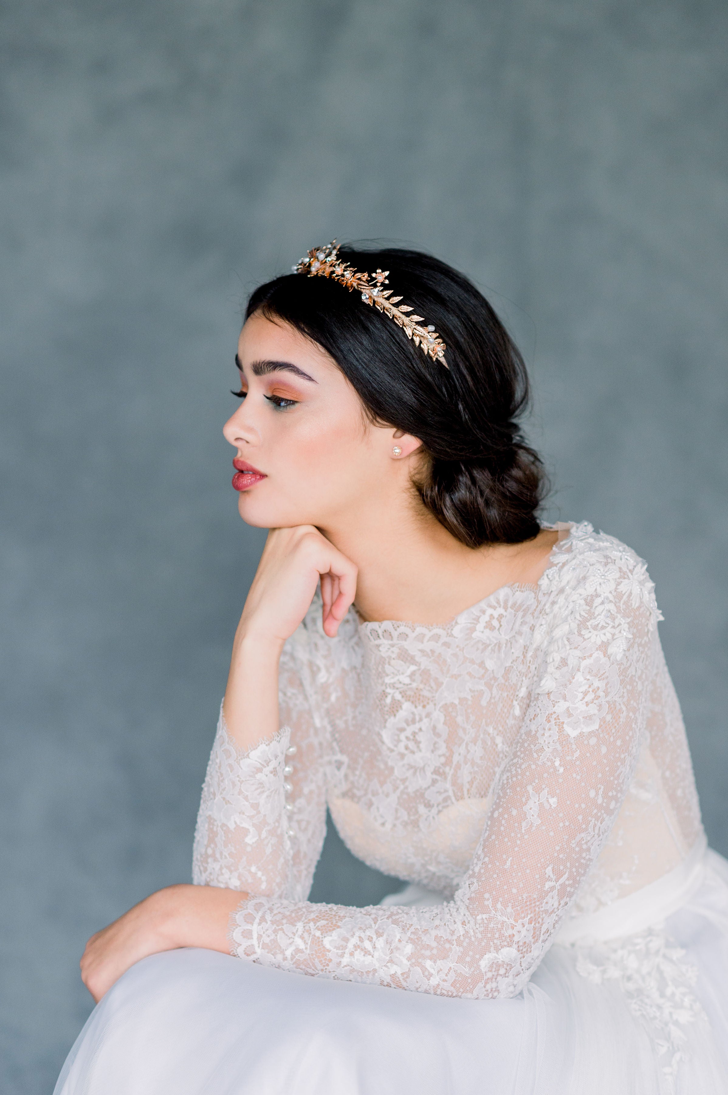 Silver Pearl Laurel Leaf Grecian Inspired Modern Bridal Crown - Handmade in Toronto Ontario Canada - Blair Nadeau Bridal - Whitney Heard Photography