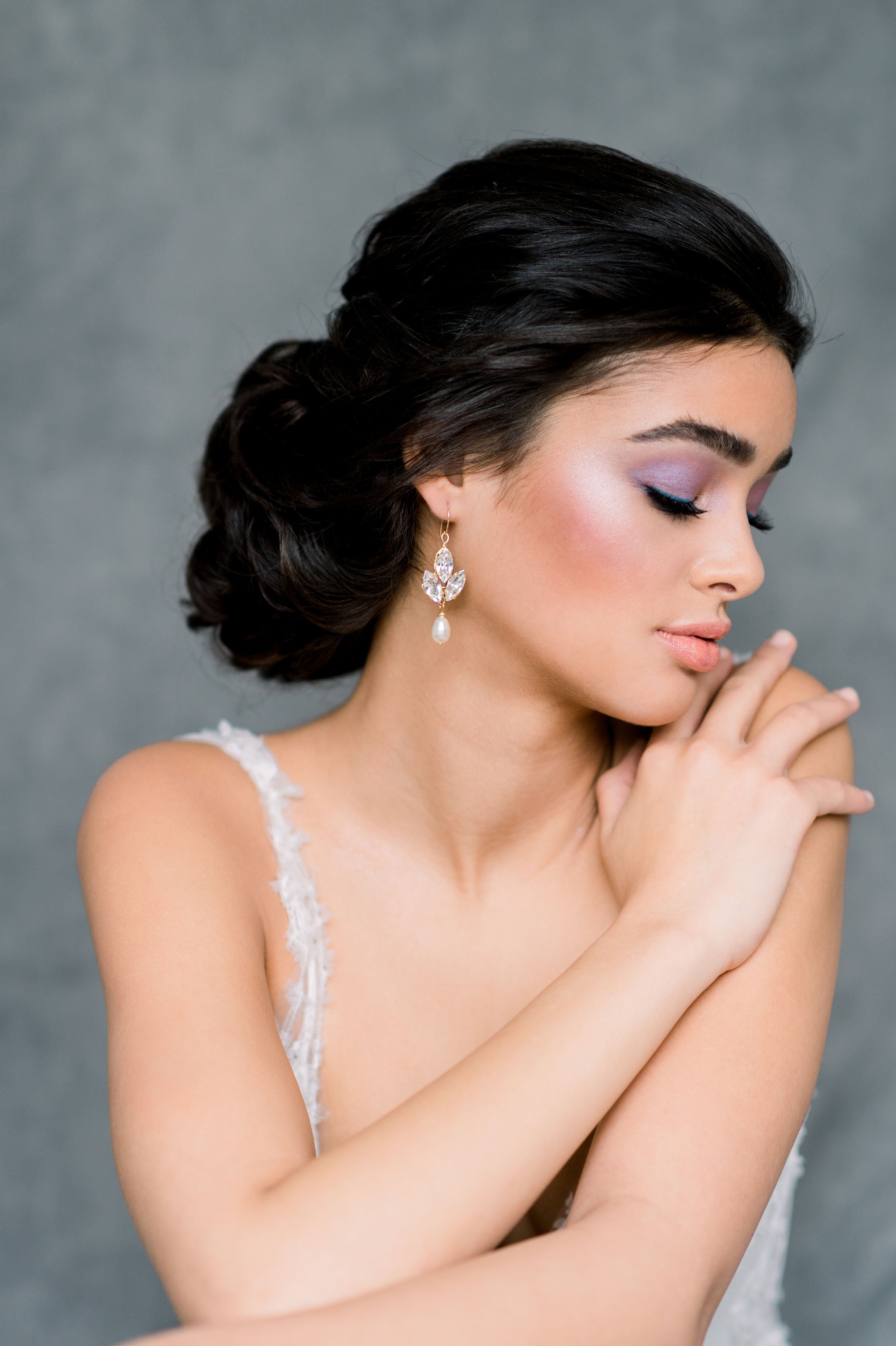 Modern Gold Boho Rhinestone Leaf Pearl Teardrop Earrings - Made in Toronto Ontario Canada - Blair Nadeau Bridal - Whitney  Heard Photography