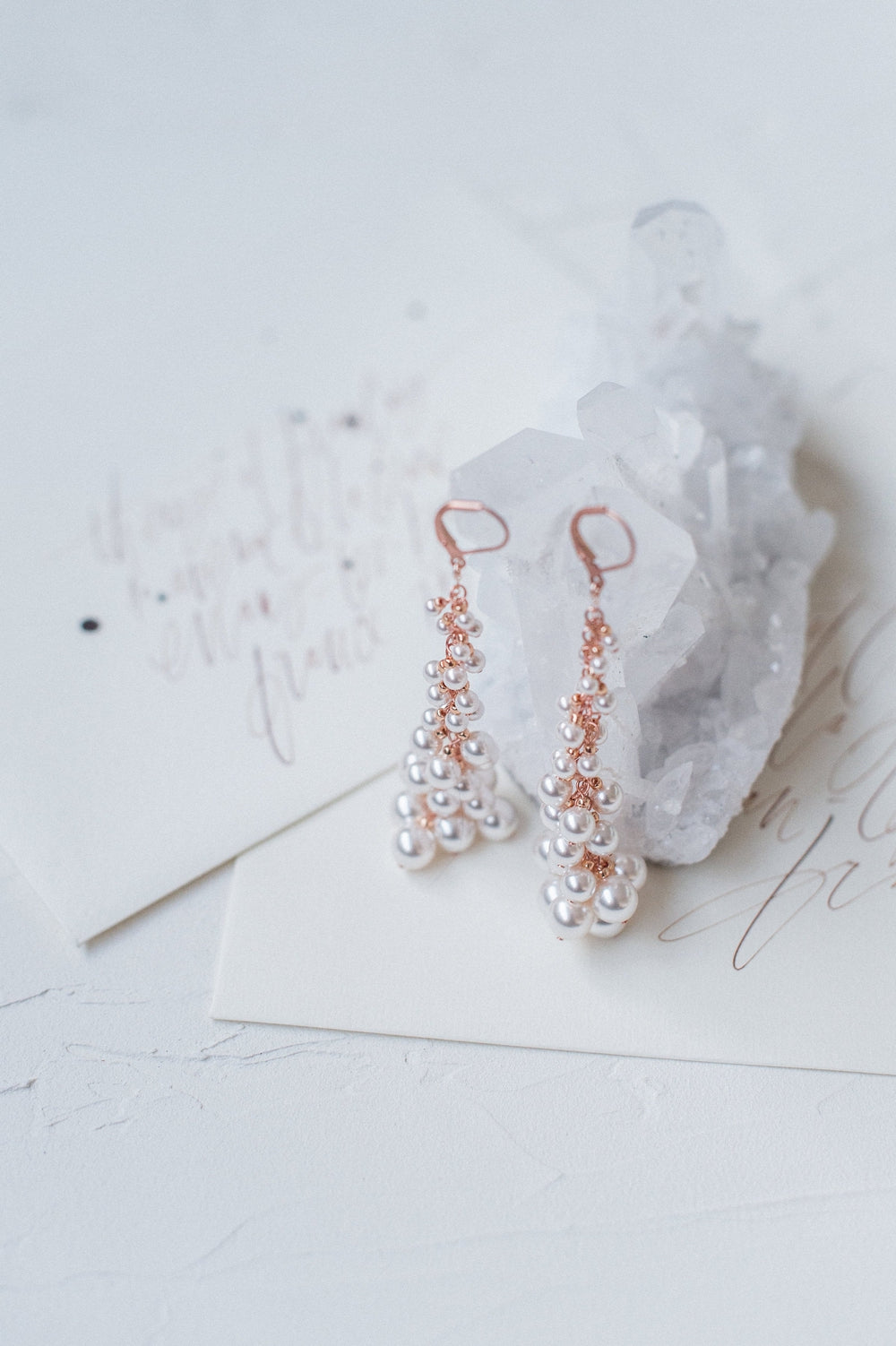 Rose Gold Pearl Cluster Bridal Drop Earrings - Handmade in Toronto Canada - Blair Nadeau Bridal Adornments - Whitney Heard Photography