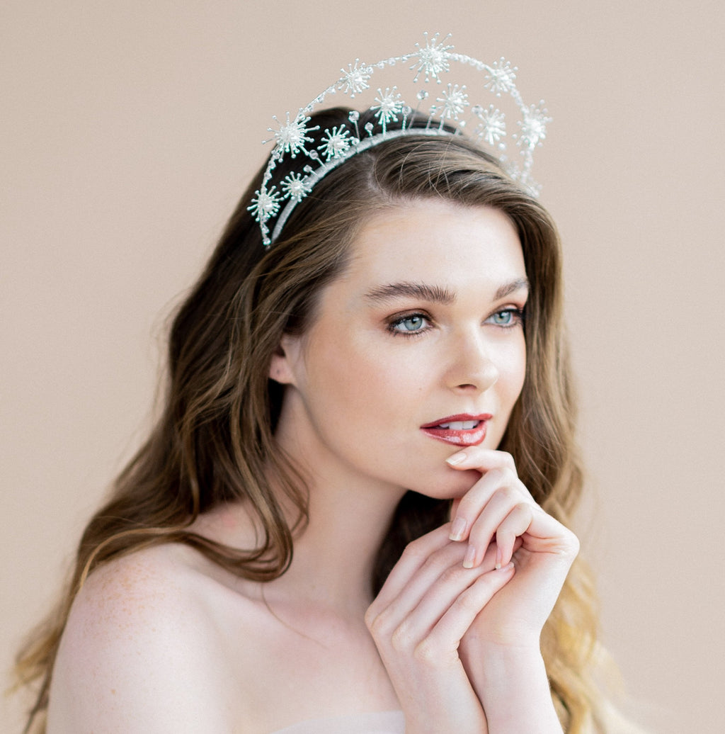 Silver Tall celestial inspired bridal crown with stars - handmade in canada by Blair Nadeau Bridal Adornments
