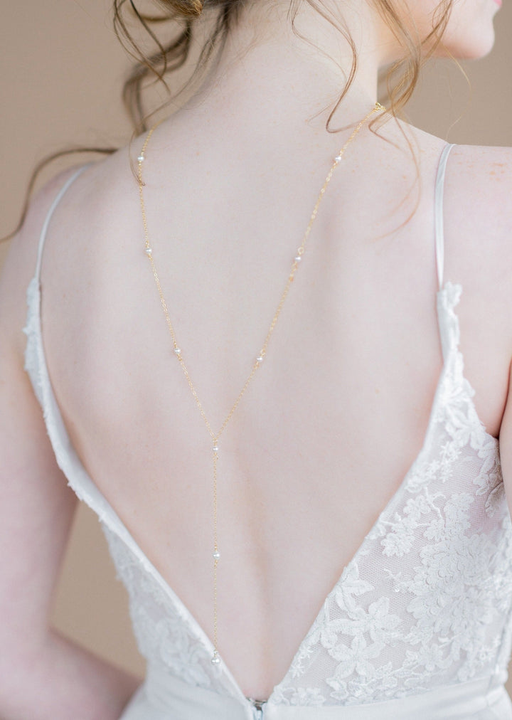 dainty bridal back necklace with white pearls made in toronto canada by Blair nadeau bridal adornments