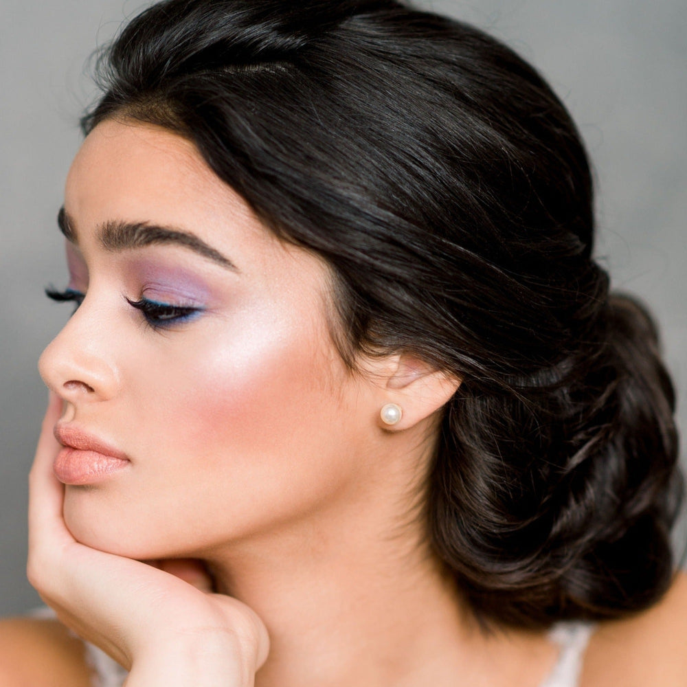 simple round pearl stud bridal earrings in 6mm and 8mm for weddings. made in toronto canada by Blair nadeau bridal adornments