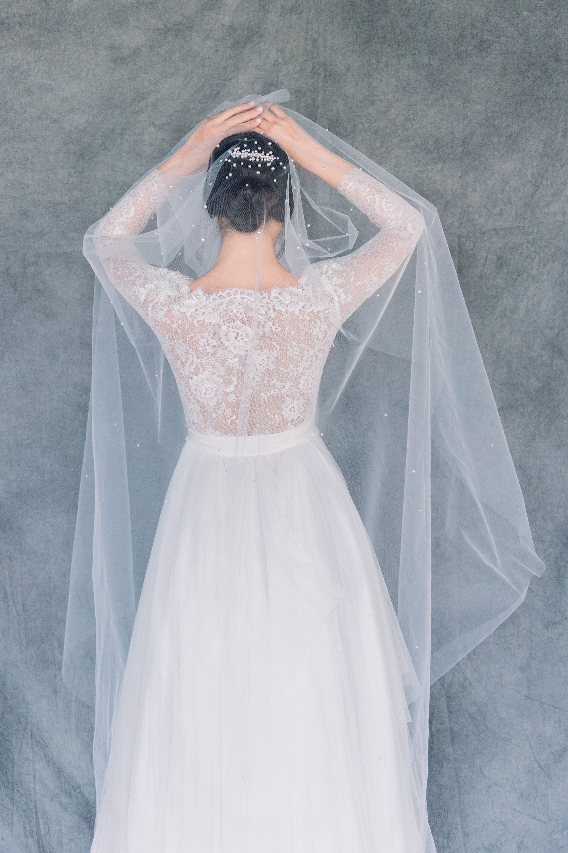 Off White Swarovski Pearl Beaded Bridal Veil with Blusher - Made in Toronto Ontario Canada - Blair Nadeau Bridal - Whitney Heard Photography