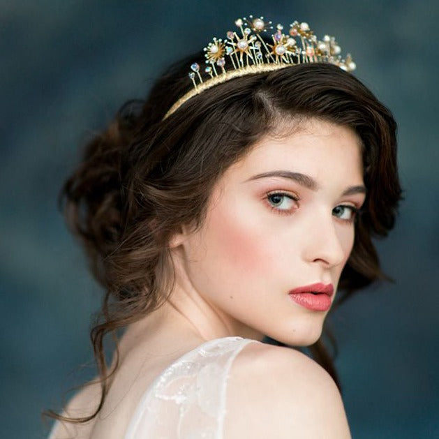 golden brass tall starburst bridal crown with crystals and pearls. handmade in toronto by blair nadeau bridal