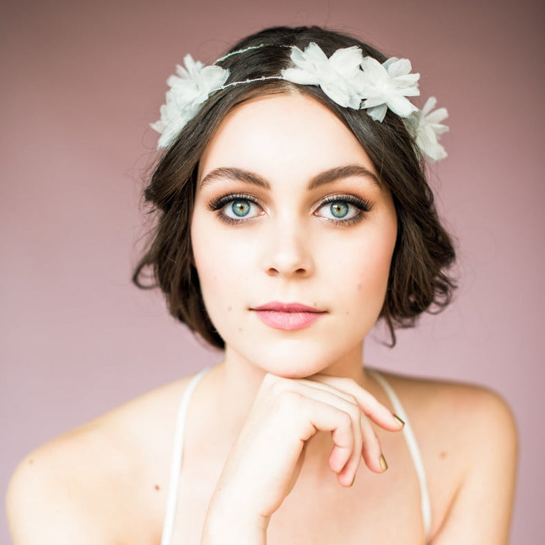 silver and ivory silk flower extra long bridal hair vine. handmade in toronto canada by blair nadeau