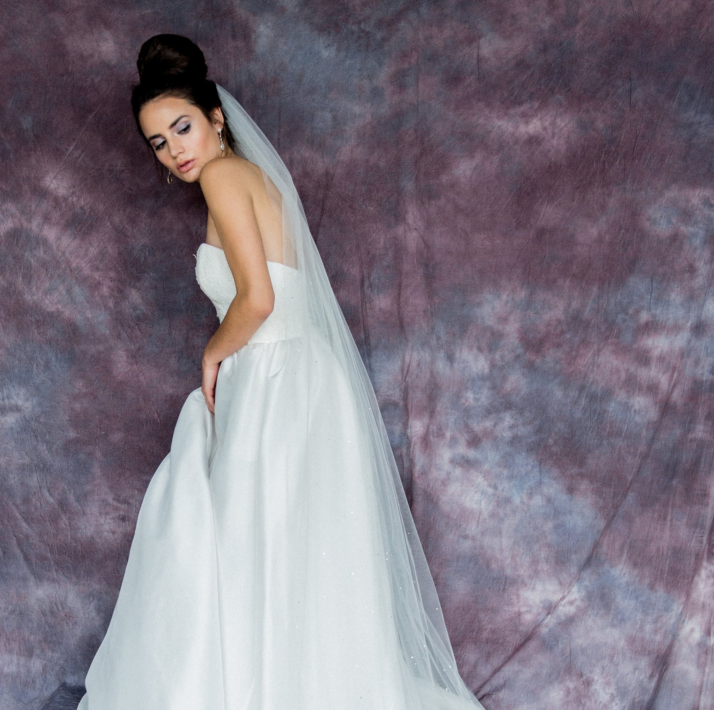 long heavy scattered crystal bridal veil in chapel length large pearl bridal headband for modern brides. made in toronto canada by Blair nadeau bridal adornments