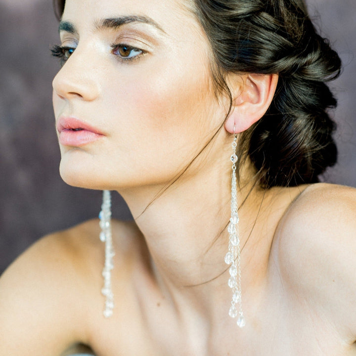 Extra Long Sterling Silver Crystal Teardrop Statement bridal Earrings . made in toronto canada by Blair nadeau bridal adornments