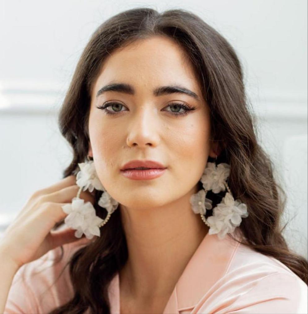 large silver and ivory  statement silk flower earrings for modern weddings. made in toronto canada by Blair nadeau bridal adornments