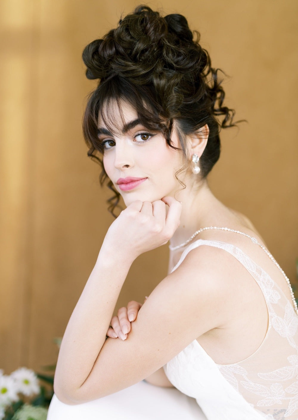 statement large oval rhinestone stud wedding earrings with large round pearl drops. 