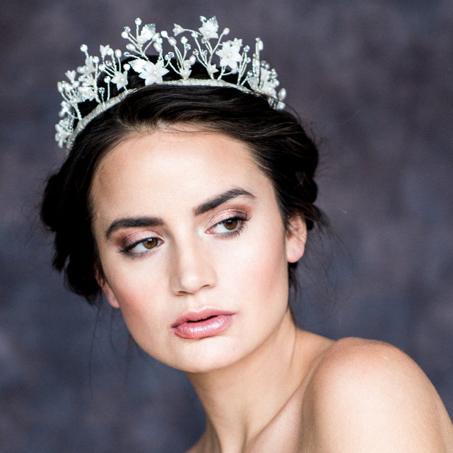 silver bridal crown with flowers and leaves, handmade in toronto ontario canada by Blair Nadeau Bridal Adornments