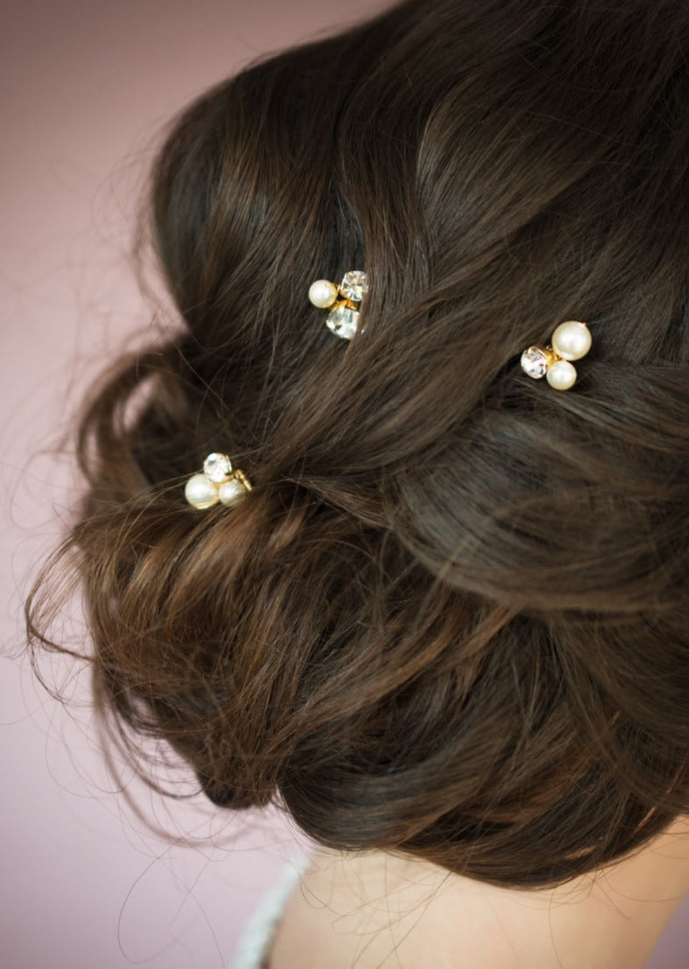 small bridal hair pins with crystal rhinestones and glass pearls. handmade in toronto by blair nadeau