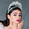 tall silver avant garde bridal crown double tiered with freshwater pearls, leaves and flowers. made in toronto canada by Blair nadeau bridal adornments