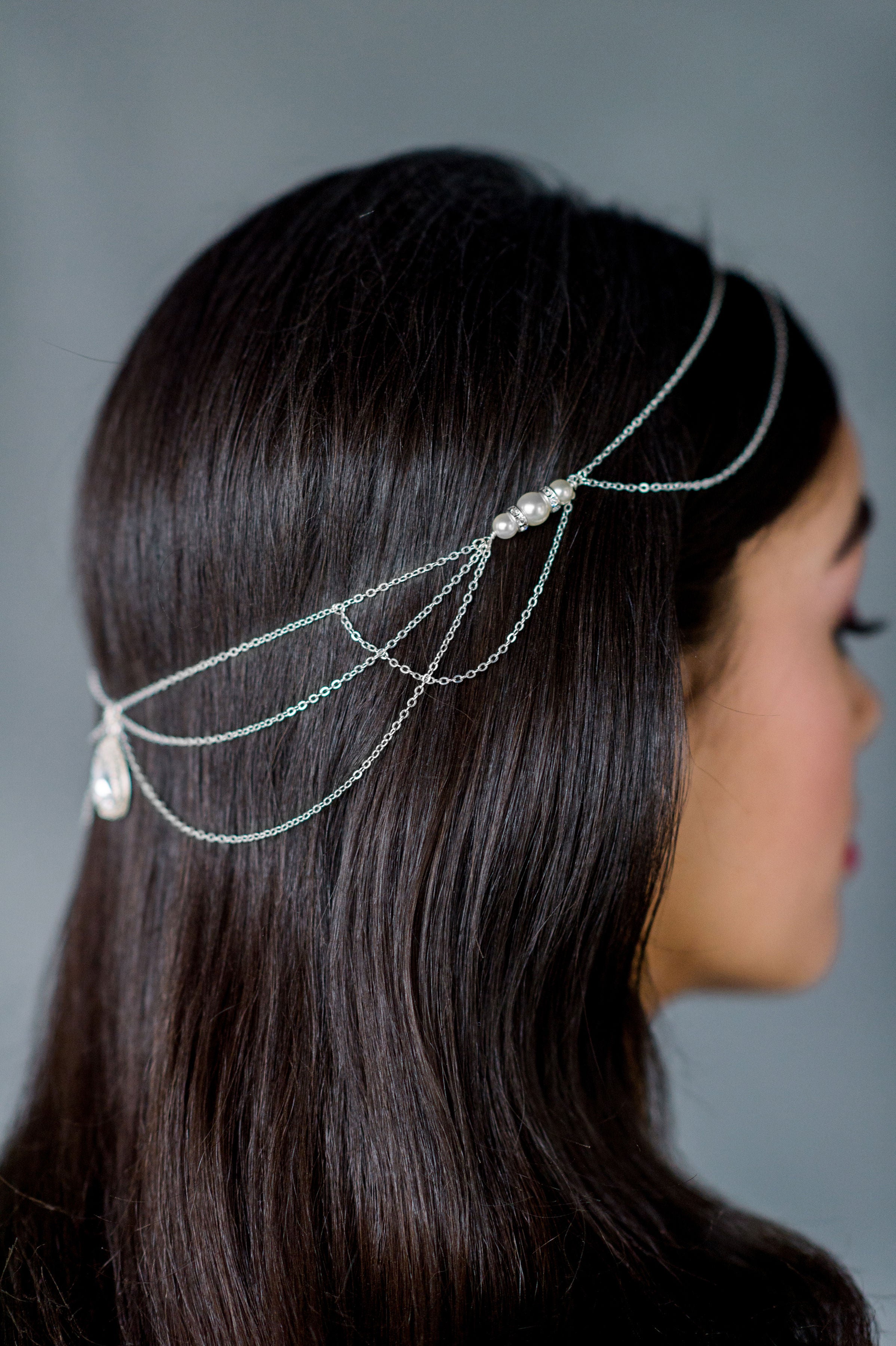  Pearl & Crystal Festival Inspired Bohemian Bridal Hair Chain Jewelry - available in silver, gold and rose gold - made in Toronto Ontario Canada - Blair Nadeau Bridal