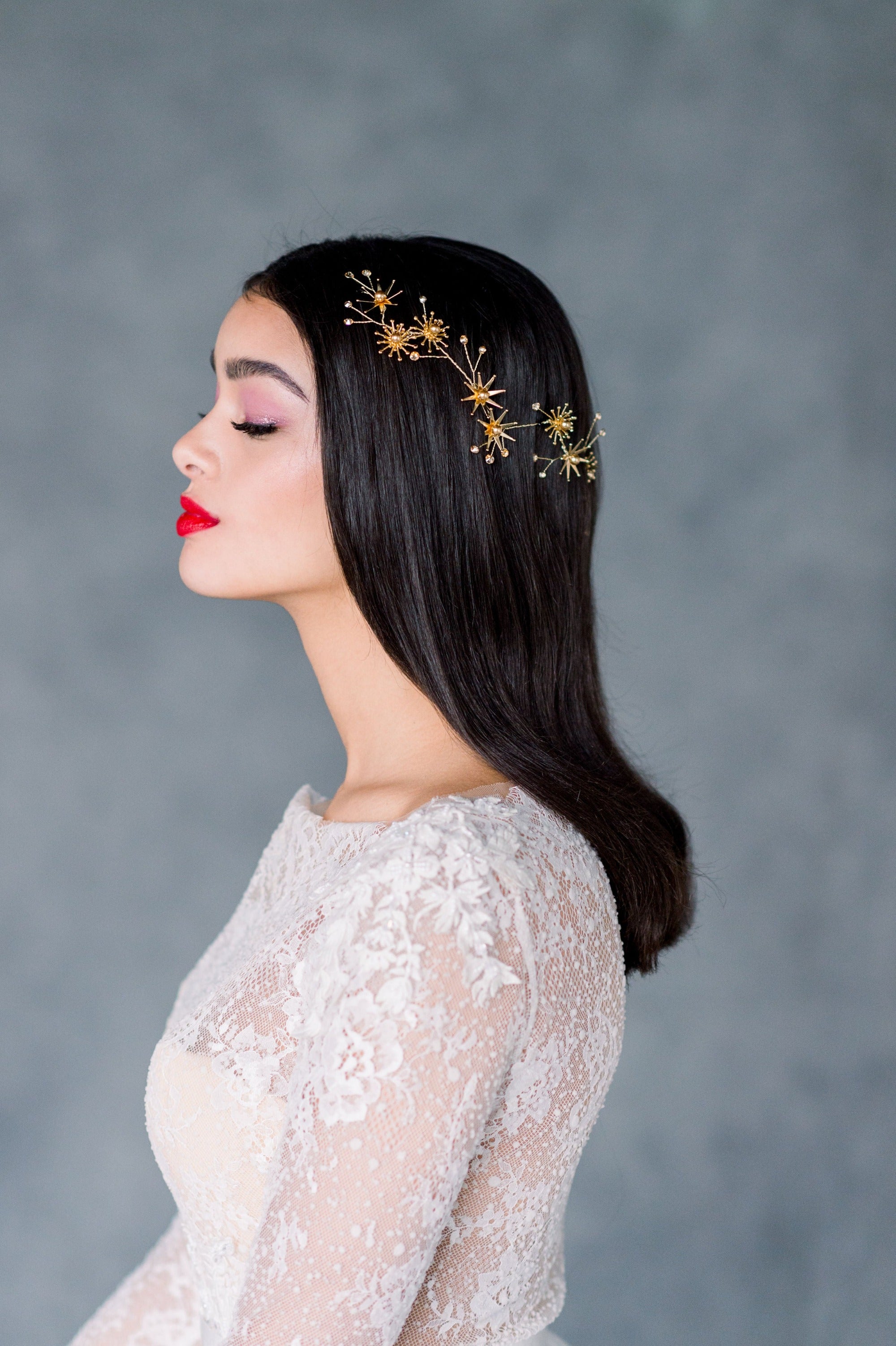 Silver Starburst and Star Pearl and Crystal Wedding Hair Vine, made in Toronto Ontario Canada, Blair Nadeau Bridal, Whitney Heard Photography