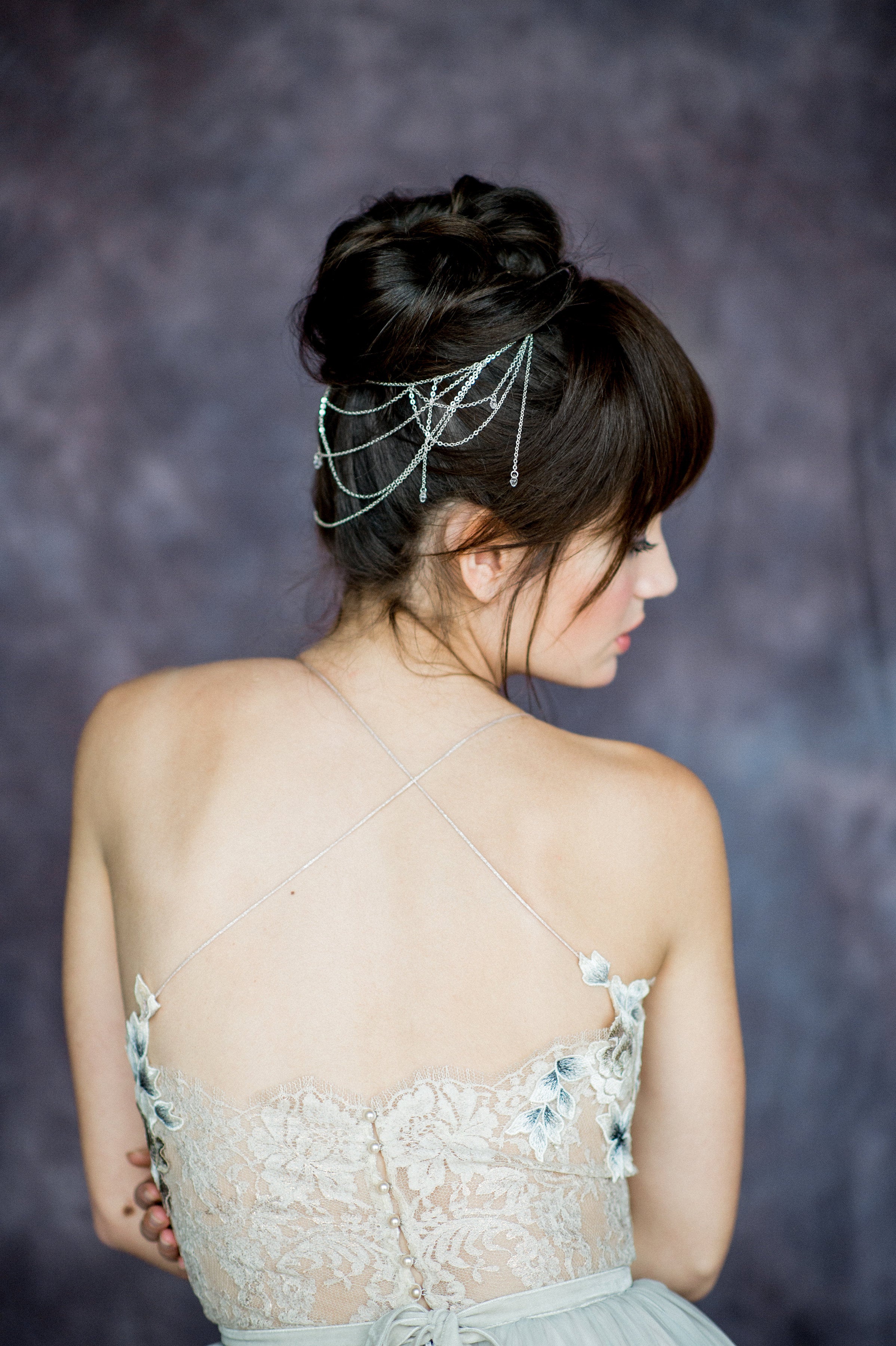 Draped bridal hair chain with crystal teardrops, handmade in toronto ontario canada by blair nadeau bridal adornments