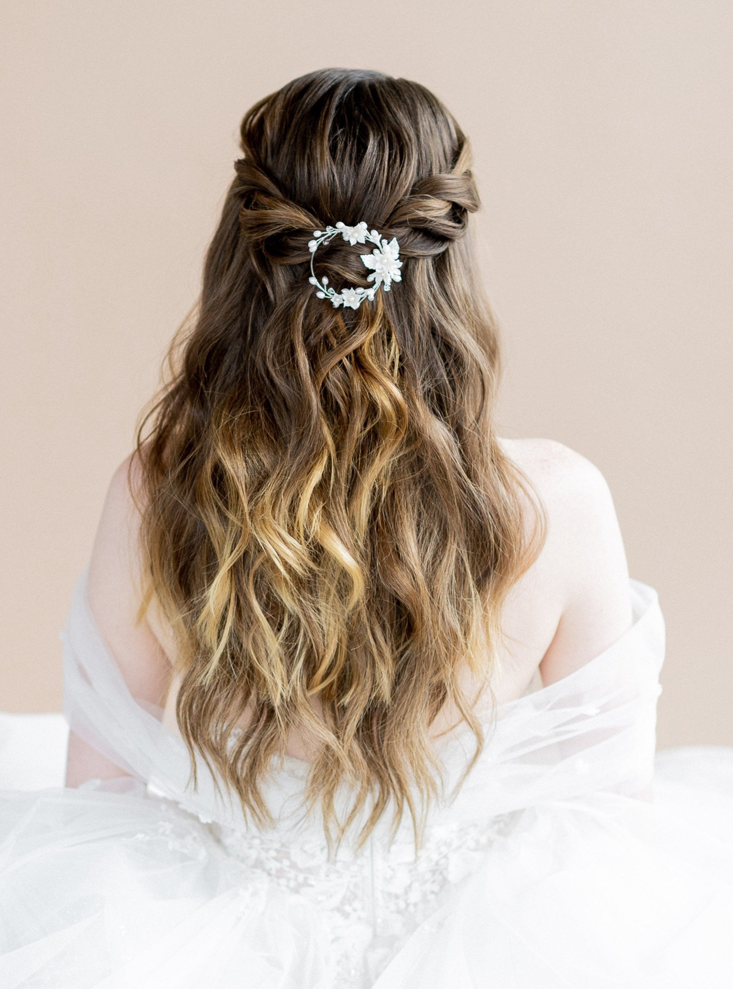 gold clay flower hair vine hair clip with leaves, pearls and crystals handmade in canada