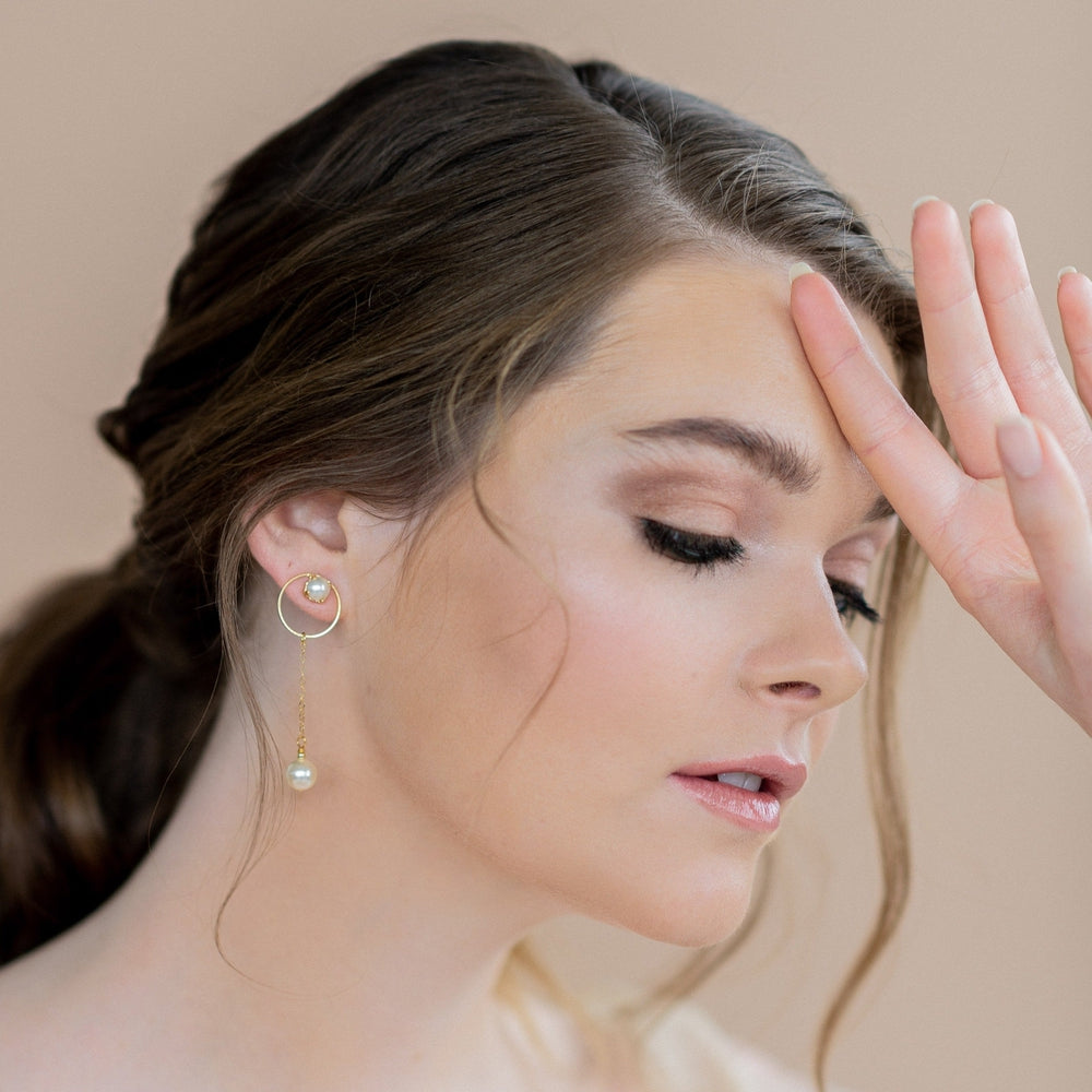 Gold modern minimalist hoop earrings with ivory pearl drop - blair nadeau bridal adornments, w hitney heard photography 