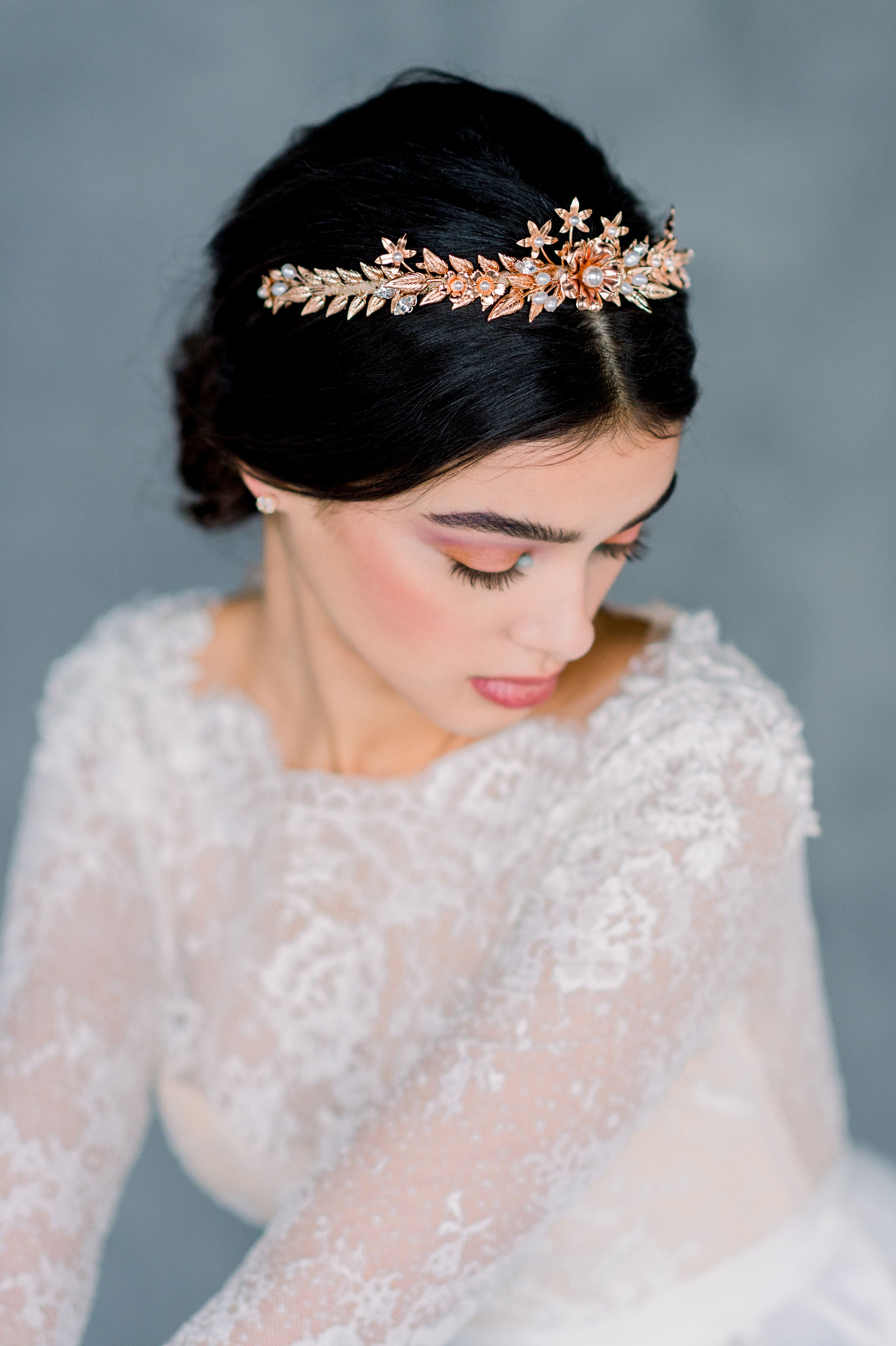 Rose Gold Pearl Laurel Leaf Grecian Inspired Modern Bridal Crown - Handmade in Toronto Ontario Canada - Blair Nadeau Bridal - Whitney Heard Photography