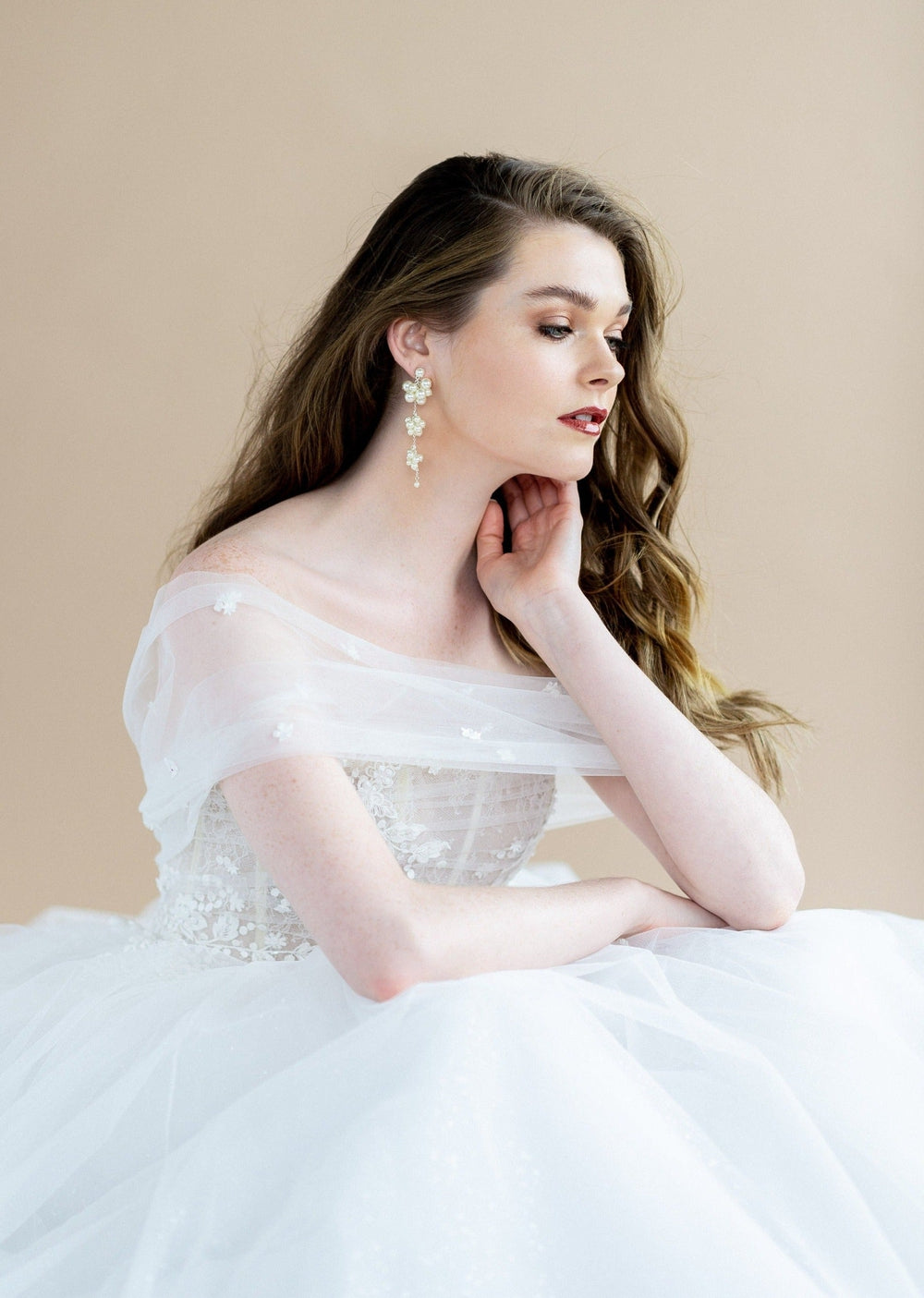 long pearl dangle earrings in silver for weddings in canada by blair nadeau bridal