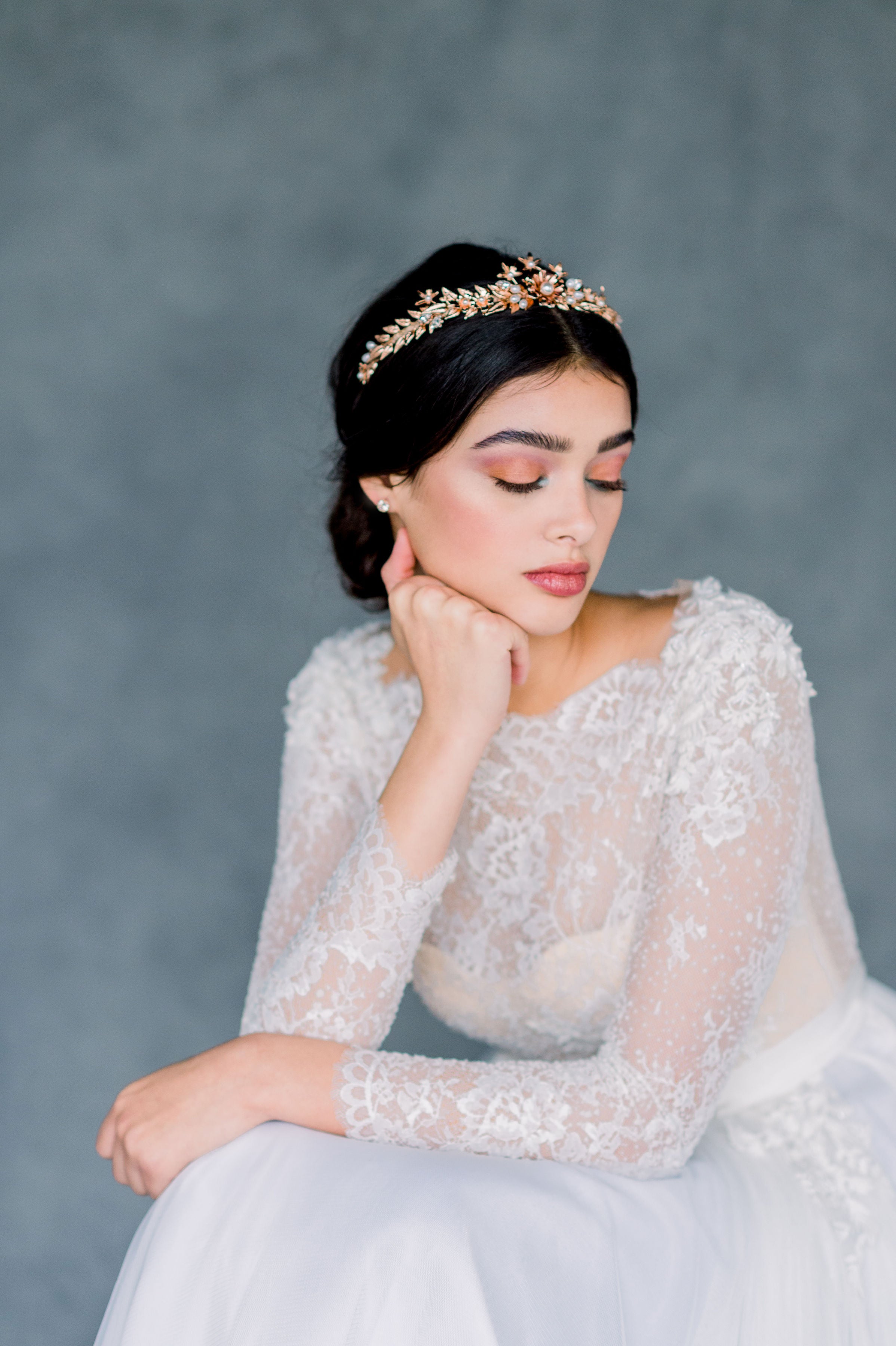 Rose Gold Modern Flower Crown with Leaves and Pearls - Handmade in Toronto Ontario Canada - Blair Nadeau Bridal - Whitney Heard Photography
