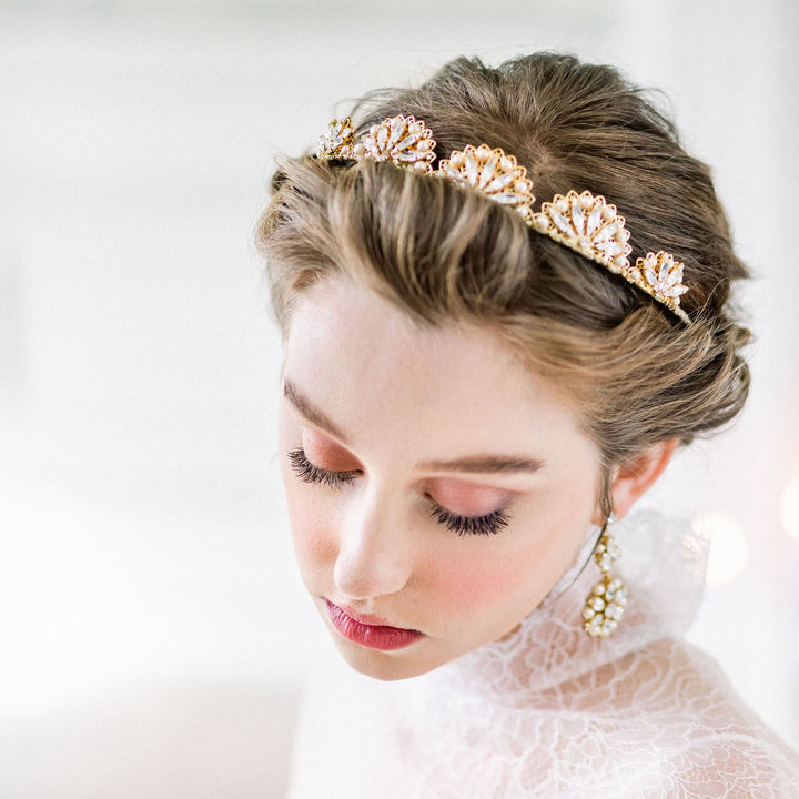 gold bridgerton inspired filigree scalloped art deco fan bridal tiara with crystals and pearls. made in toronto canada by Blair nadeau bridal adornments