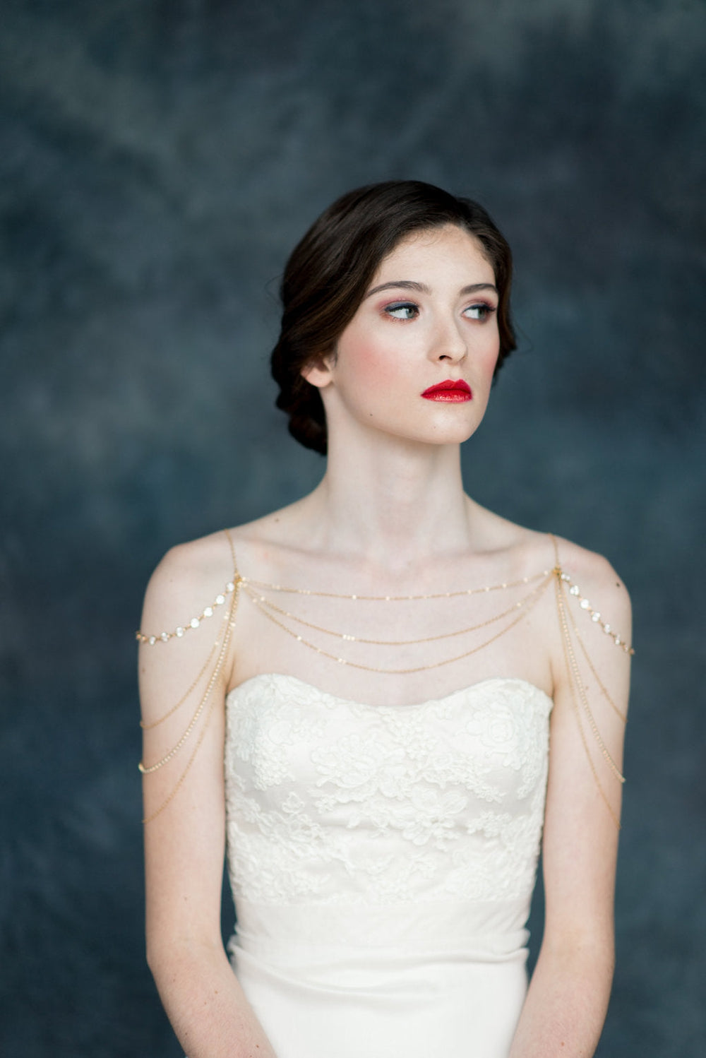 rhinestone and crystal chain shoulder necklace with draped sleeves, front and back. available in silver, gold and rose gold finishes - handmade in toronto ontario canada by blair nadeau bridal adonrments