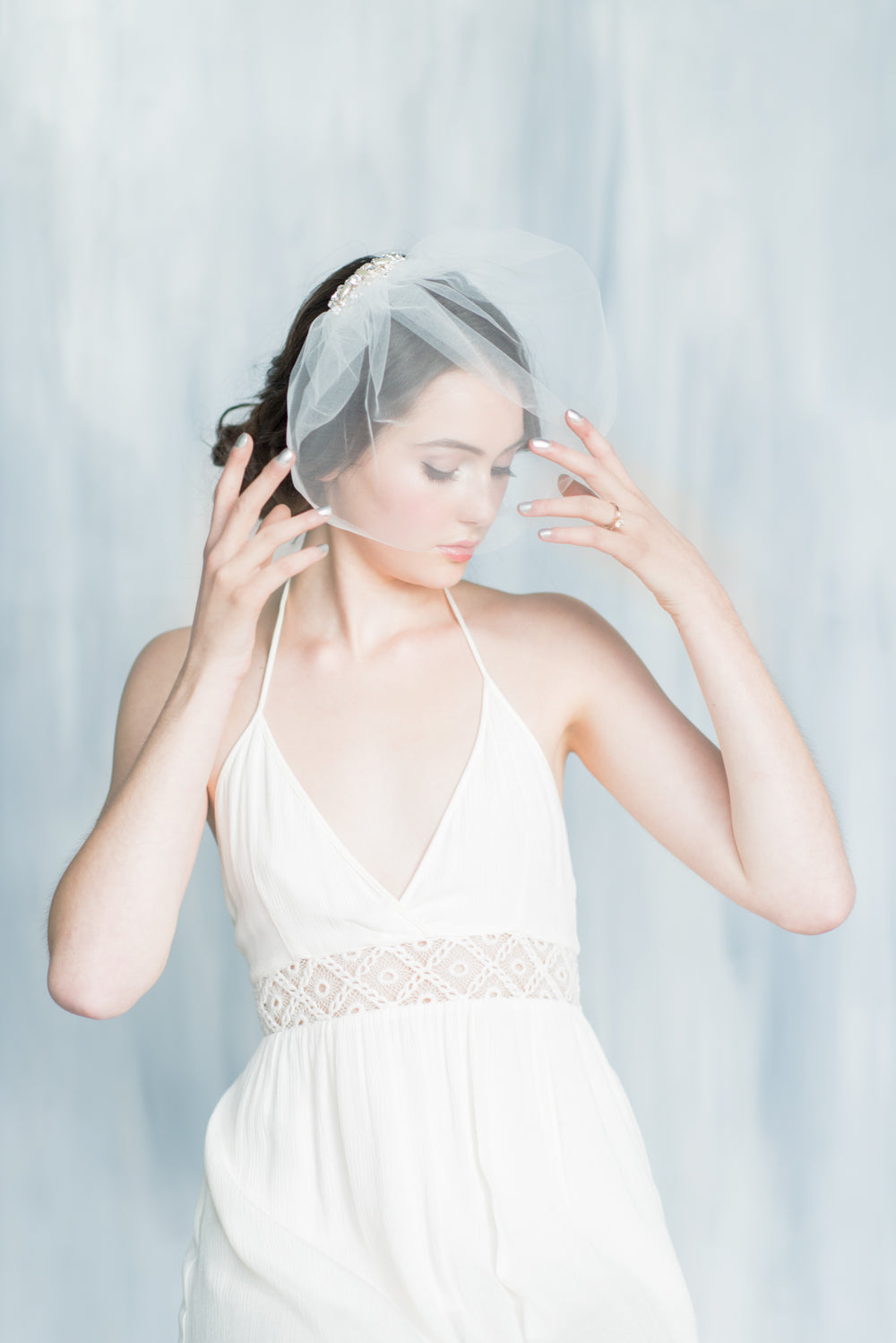 mini tulle blusher veil with art deco inspired beaded comb made in toronto ontario canada, blair nadeau bridal adornments