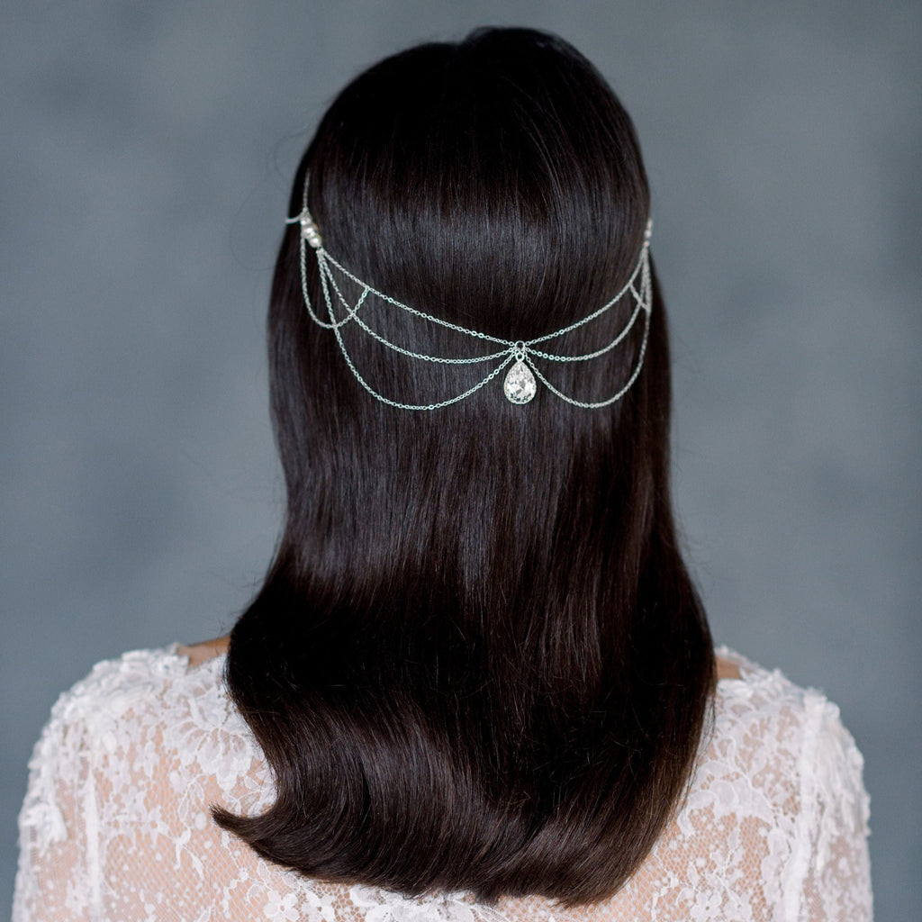  Pearl & Crystal Festival Inspired Bohemian Bridal Hair Chain Jewelry - available in silver, gold and rose gold - made in Toronto Ontario Canada - Blair Nadeau Bridal