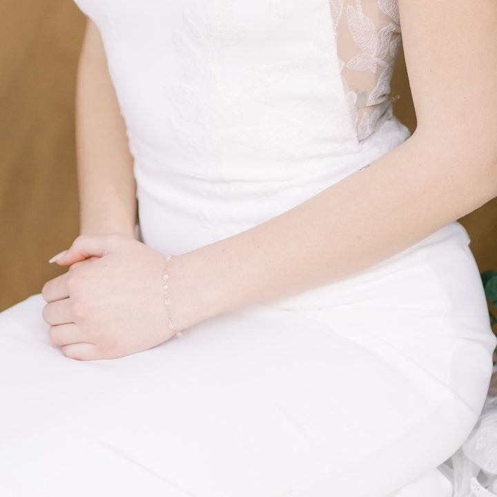 dainty and delicate bridal bracelet with hand wired round clear crystal beads. Available in multiple lengths with an extender chain and without.  Available in sterling silver, gold filled or rose gold filled. Handmade in Toronto Ontario Canada by Blair Nadeau Bridal Adornments