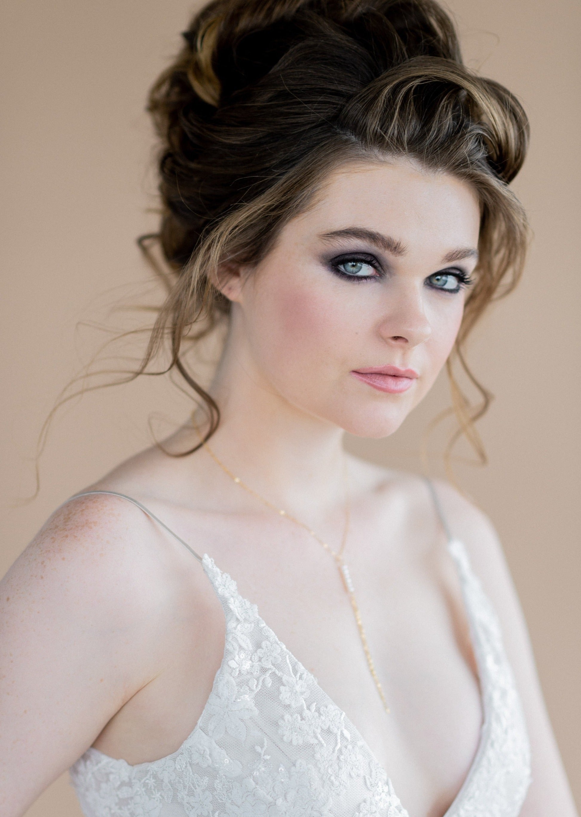 long gold pearl bridal necklace for low neck wedding dresses made in toronto