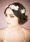 silver and ivory silk flower extra long bridal hair vine. handmade in toronto canada by blair nadeau