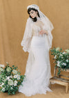 vintage inspired 1960s style juliet cap bridal veil with a crown of silk organza flowers with pearls. For boho brides. 