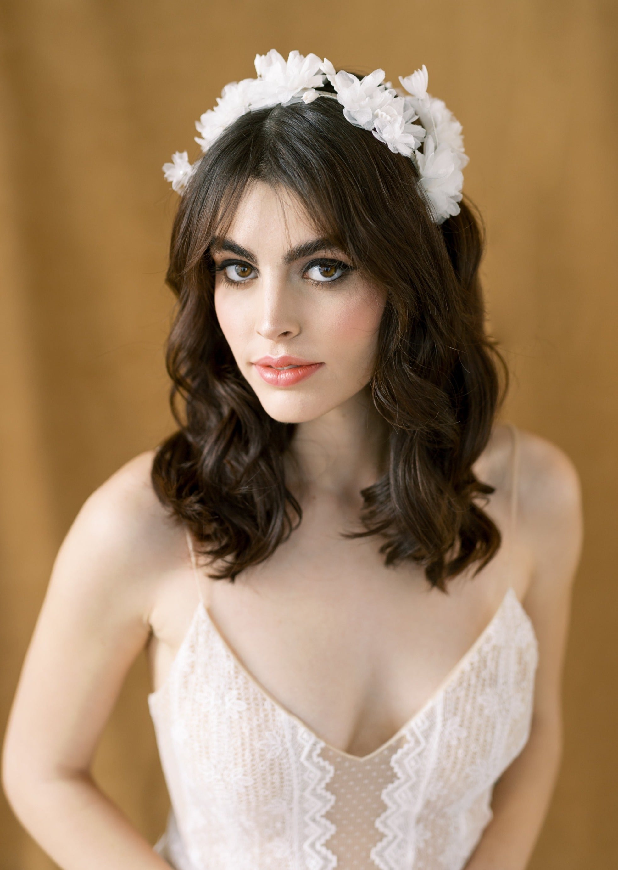 statement floral crown with clay flowers for brides in toronto