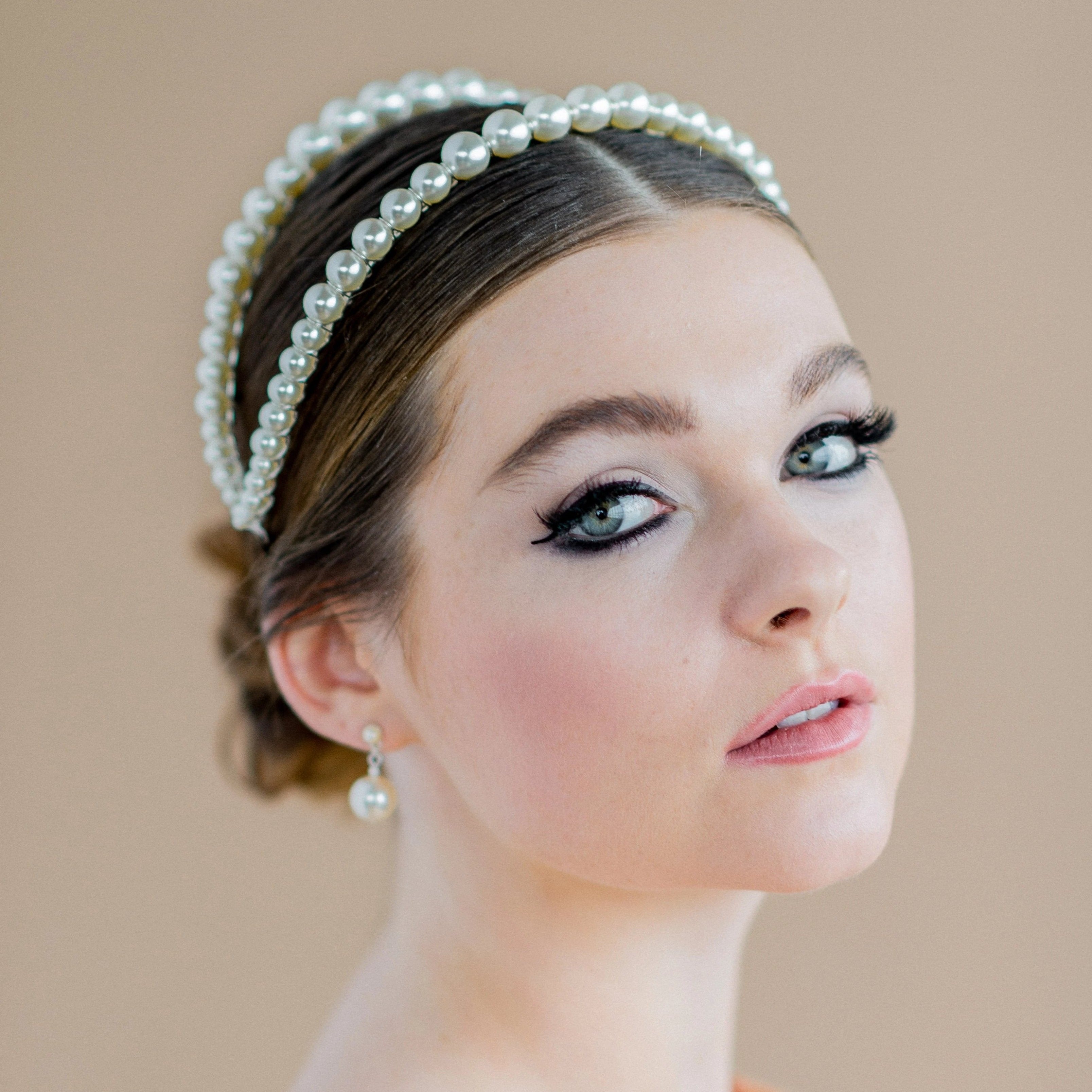 silver large white pearl double headband coronet - blair nadeau bridal adornments - handmade in toronto ontario canada - whitney heard photography